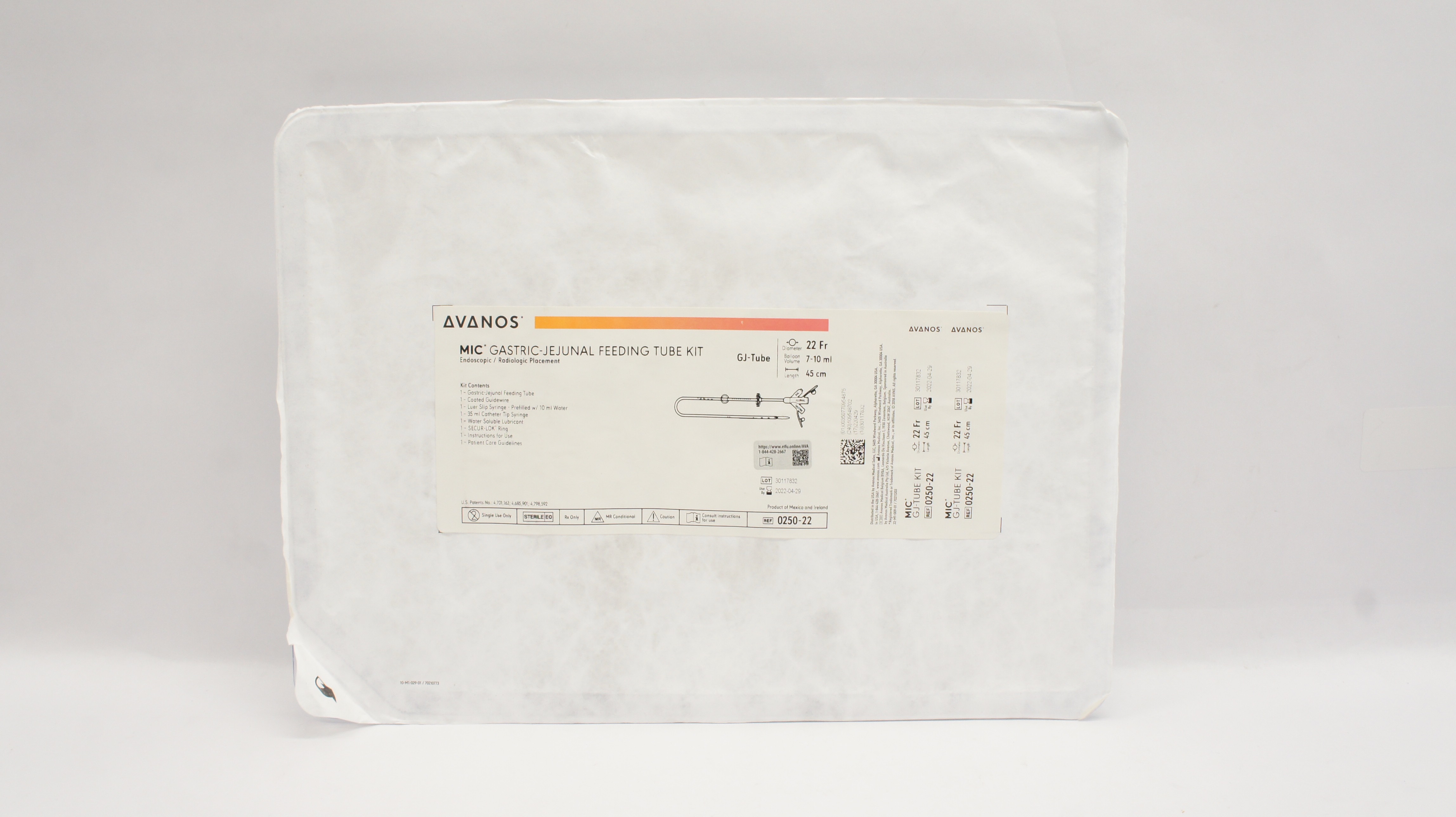 Avanos 0250-22 MIC Gastric-Jejunal Feeding Tube Kit 22Fr x 7-10mL x 45cm (x)