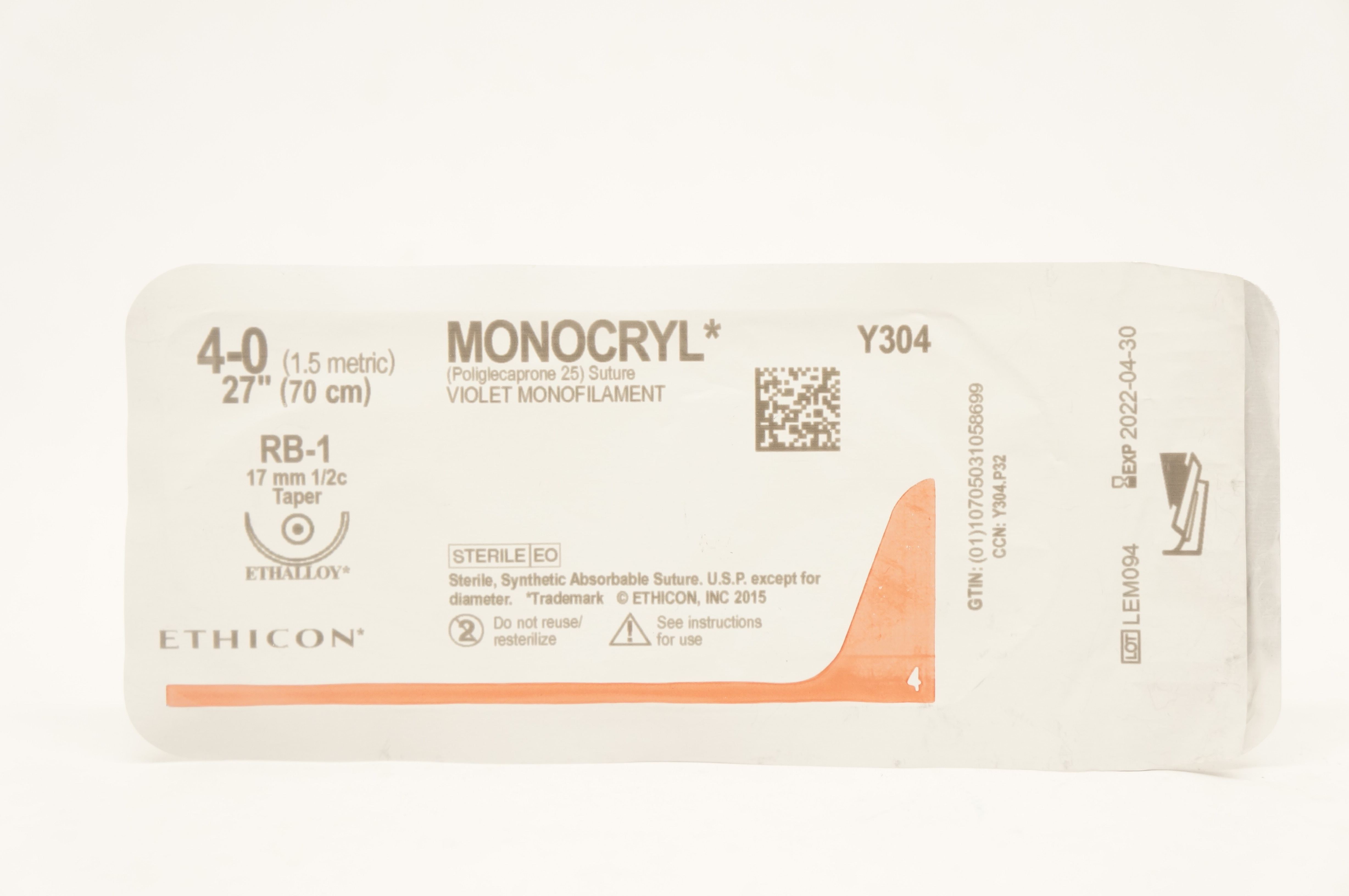 Ethicon Y304 4-0 Monocryl Poliglecaprone 25 Stre RB-1 17mm 1/2c Taper, 27inch