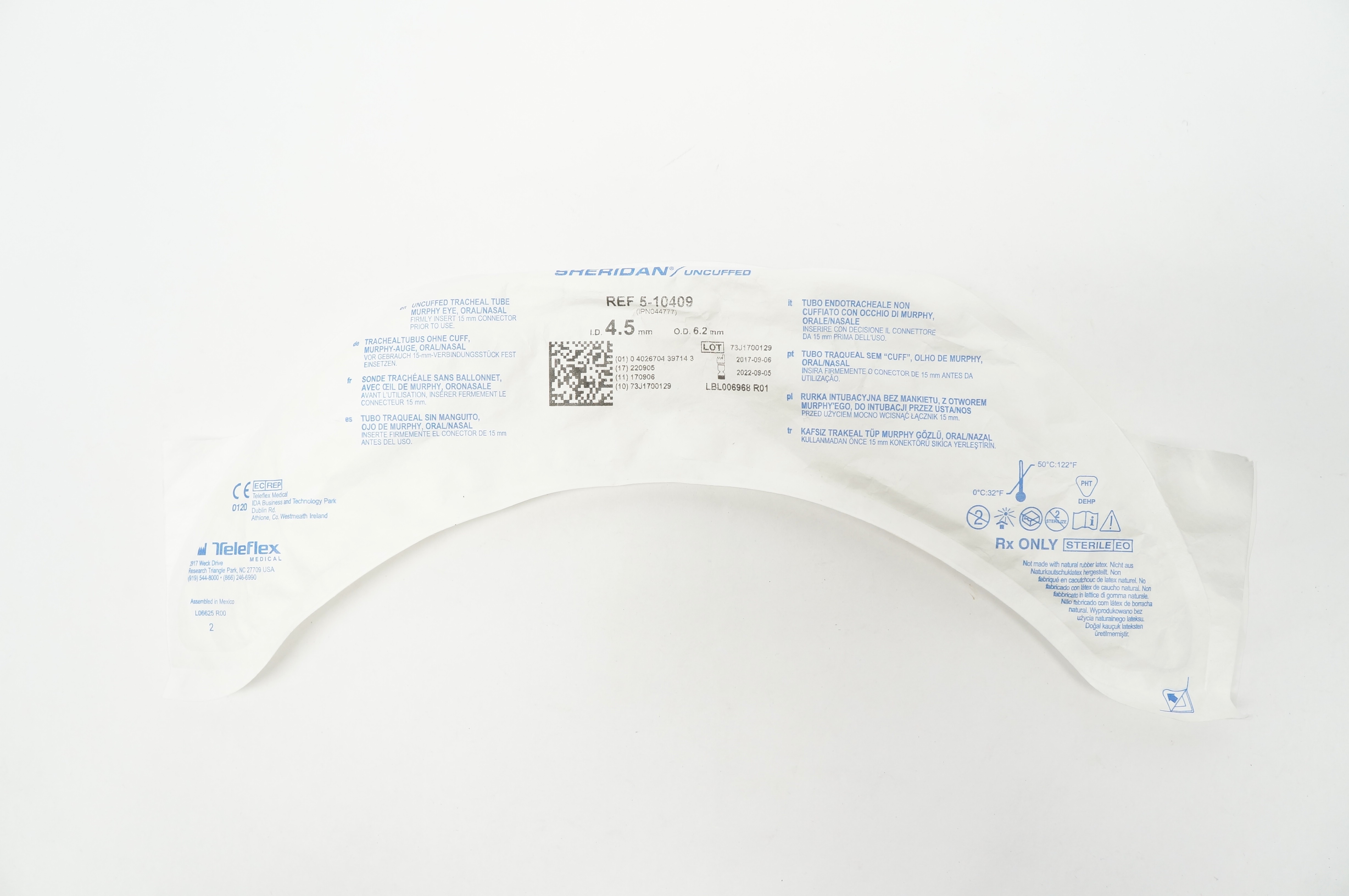 Teleflex 5-10409 Hudson RCI Sheridan Uncuffed Tracheal Tube 4.5mm ID x 6.2mm OD
