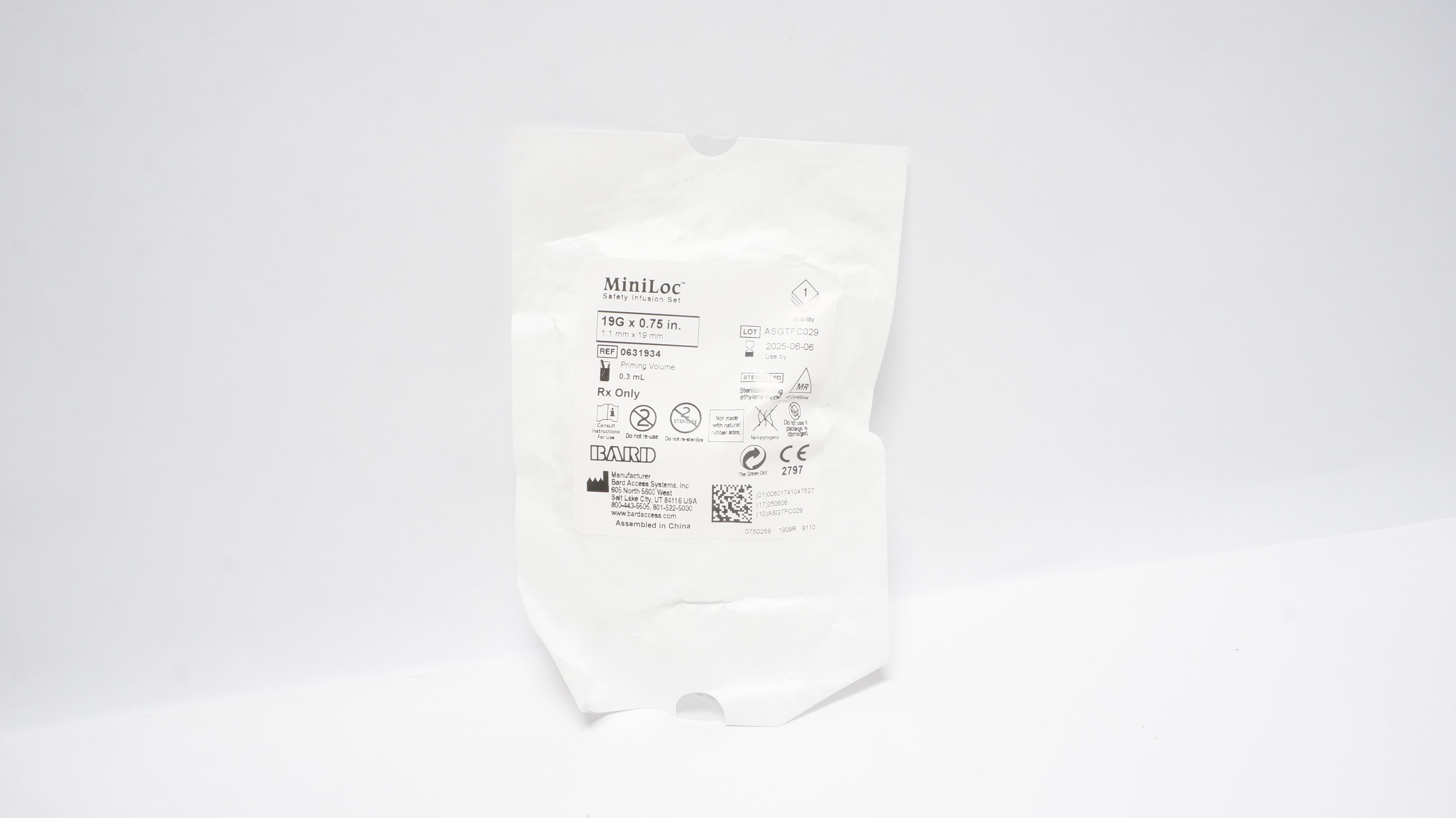 Bard 0631934 Miniloc Safety Infusion Set 19G x 0.75inch, Priming Volume 0.3mL(x)