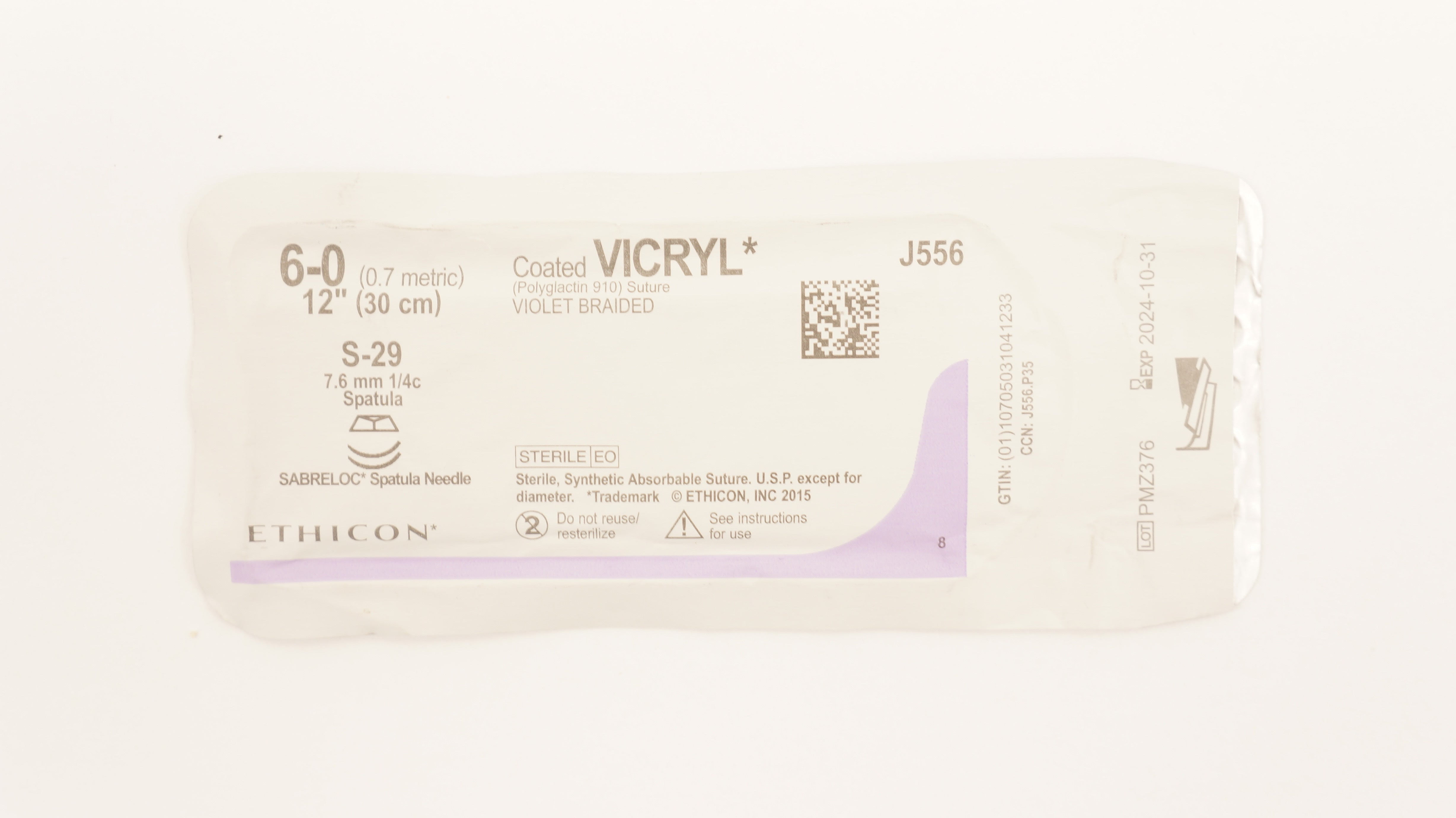 Ethicon J556 6-0 Coated Vicryl Stre S-29 7.6mm 1/4c Spatula, 12 inch