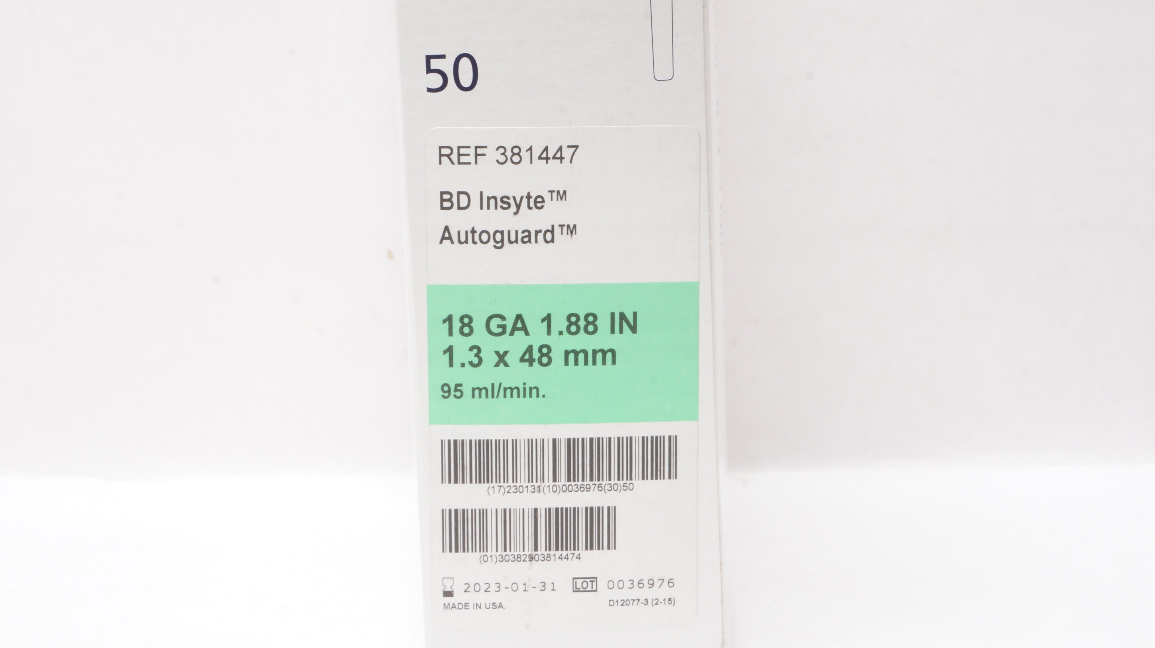 BD 381447 Insyte Autoguard Shielded IV Cath.18GAx1.88 in 95 ml/min (x)-Box of 50