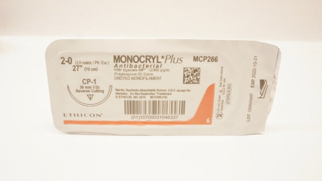 Ethicon MCP266 2-0 Monocryl Plus, CP-1, 36mm 1/2c Reverse Cutting, 27inch (x)