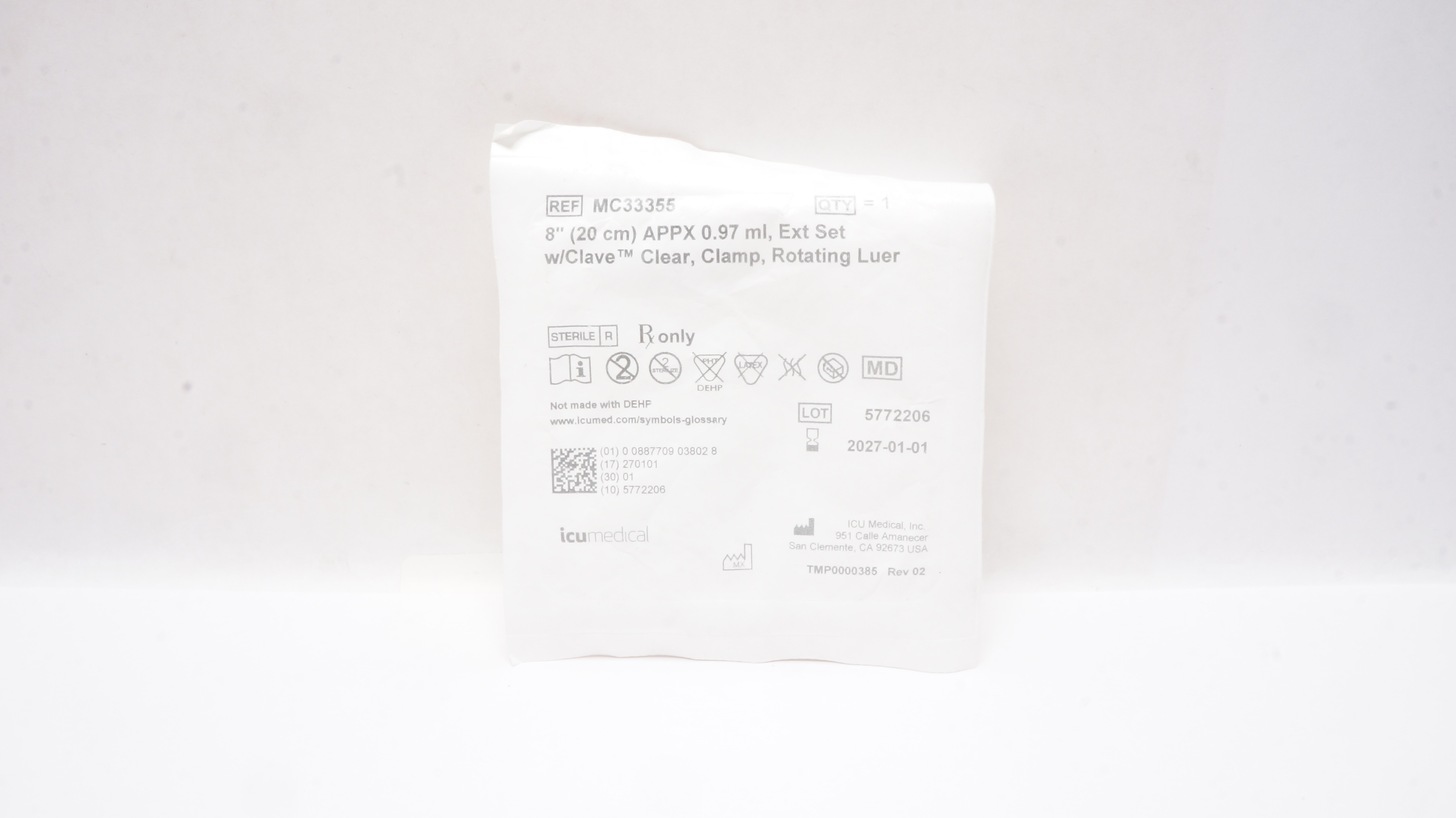ICU Medical  MC33355 8inch APPX 0.97ml Ext Set w/Clave Clear Clamp Rotating Luer