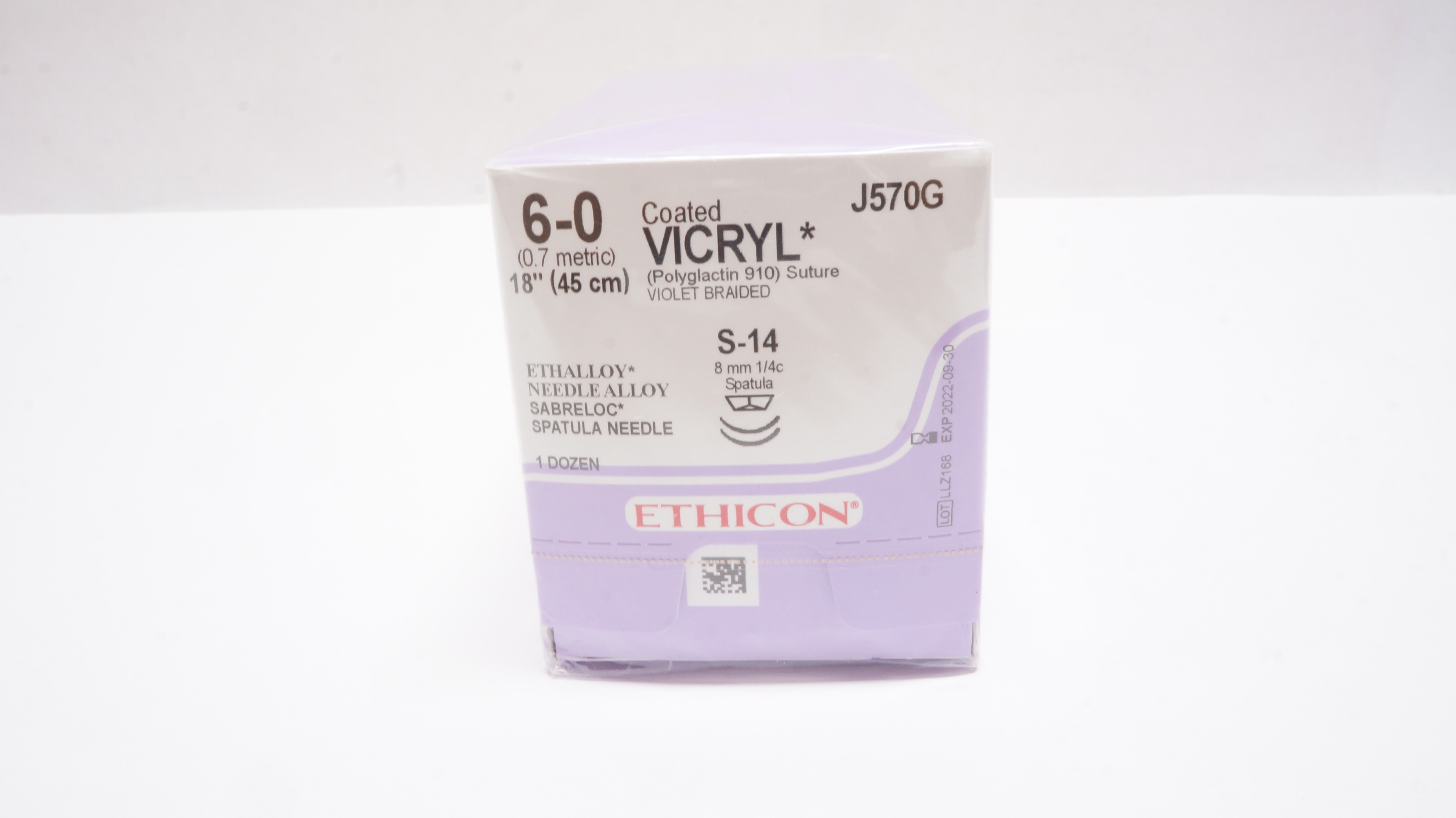 Ethicon J570G 6-0 Coated VICRYL, S-14, 8.0mm 1/4c Spatula, 18inch (x) -Box of 12