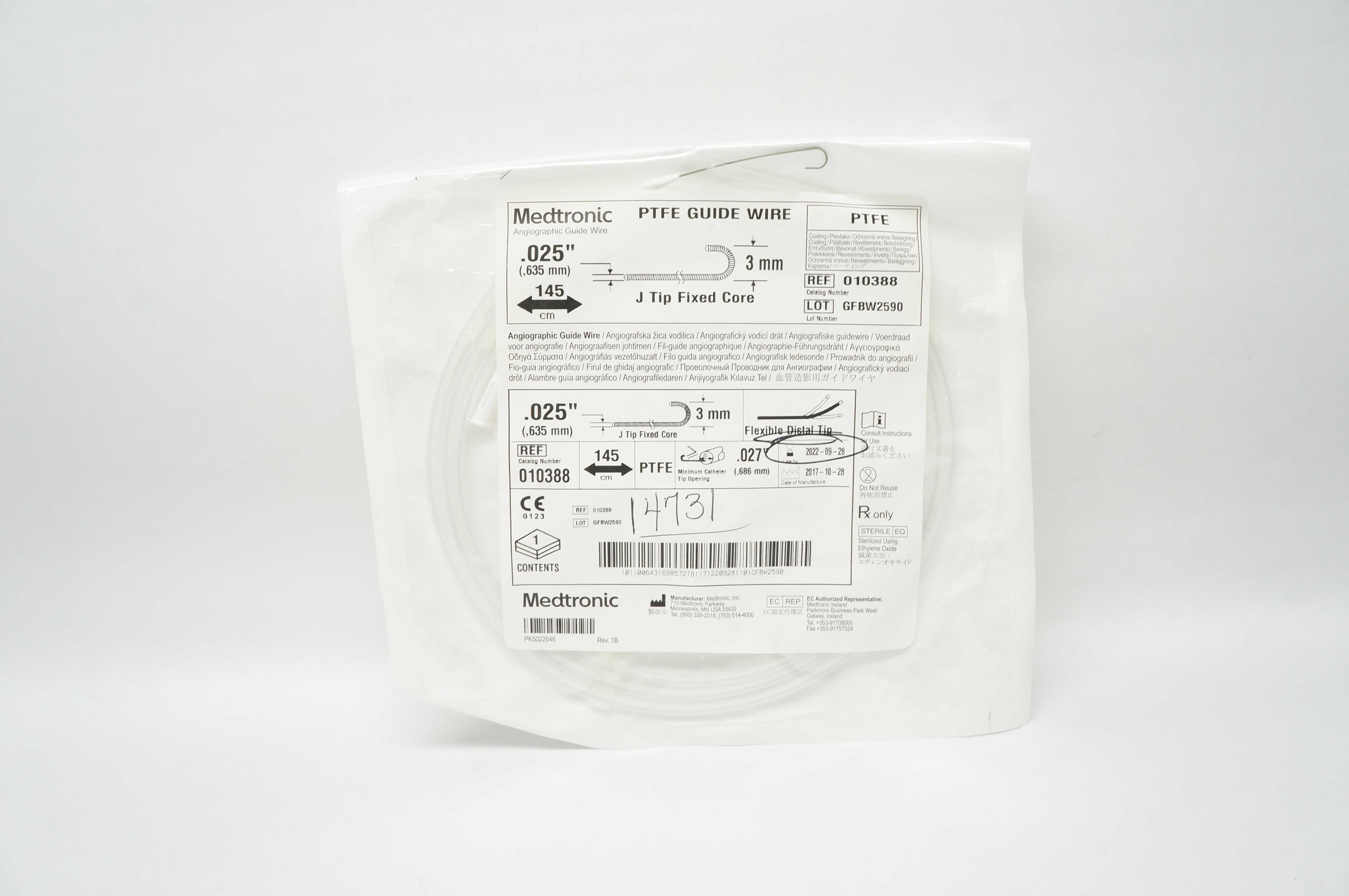Medtronic 010388 PTFE Guide Wire J Tip Fixed Core 145cm x .025inch x 3mm (x)