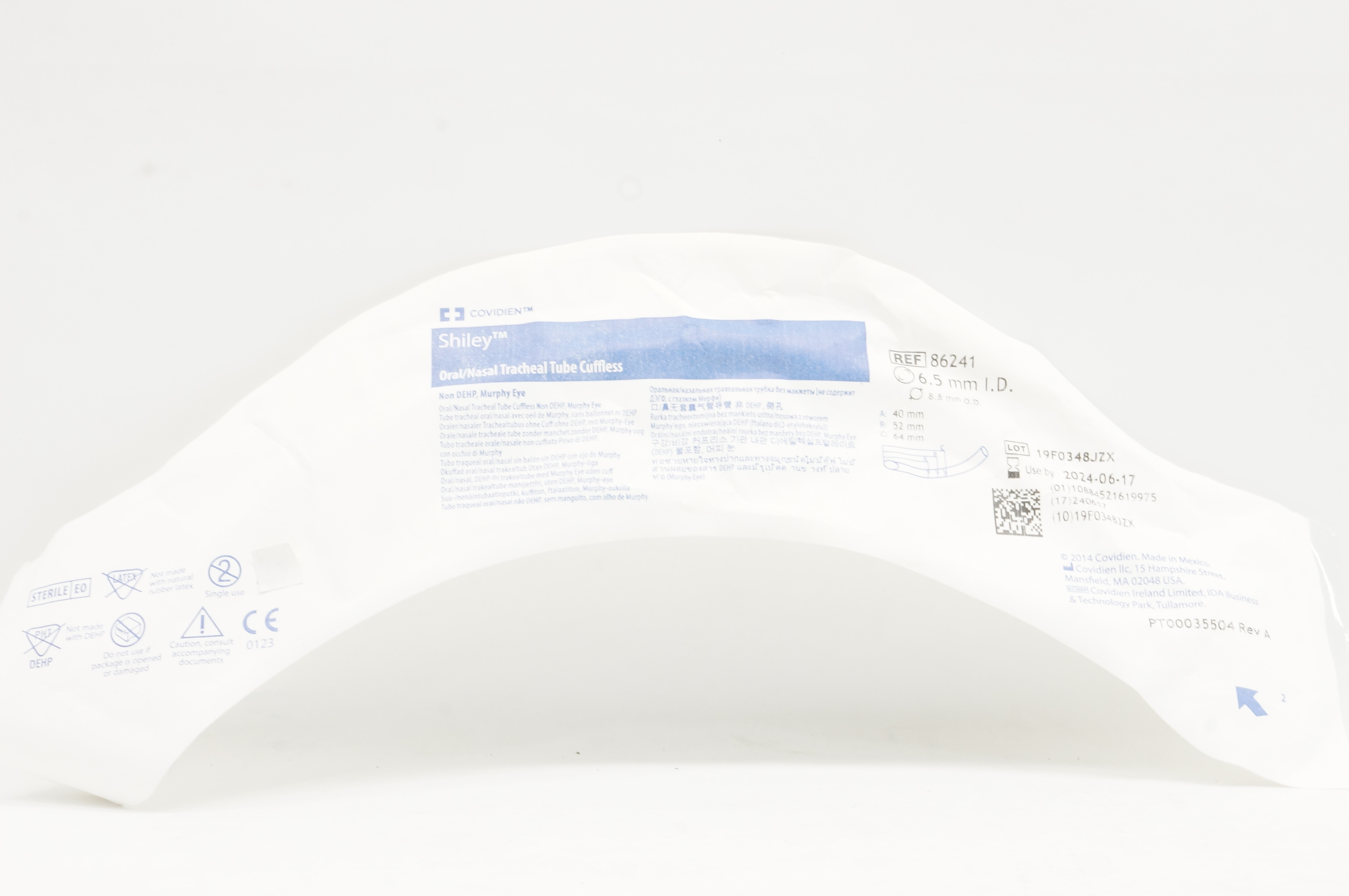Covidien 86241 Shiley Oral/Nasal Tracheal Tube Cuffless 6.5mm ID x 8.8mm OD (x)