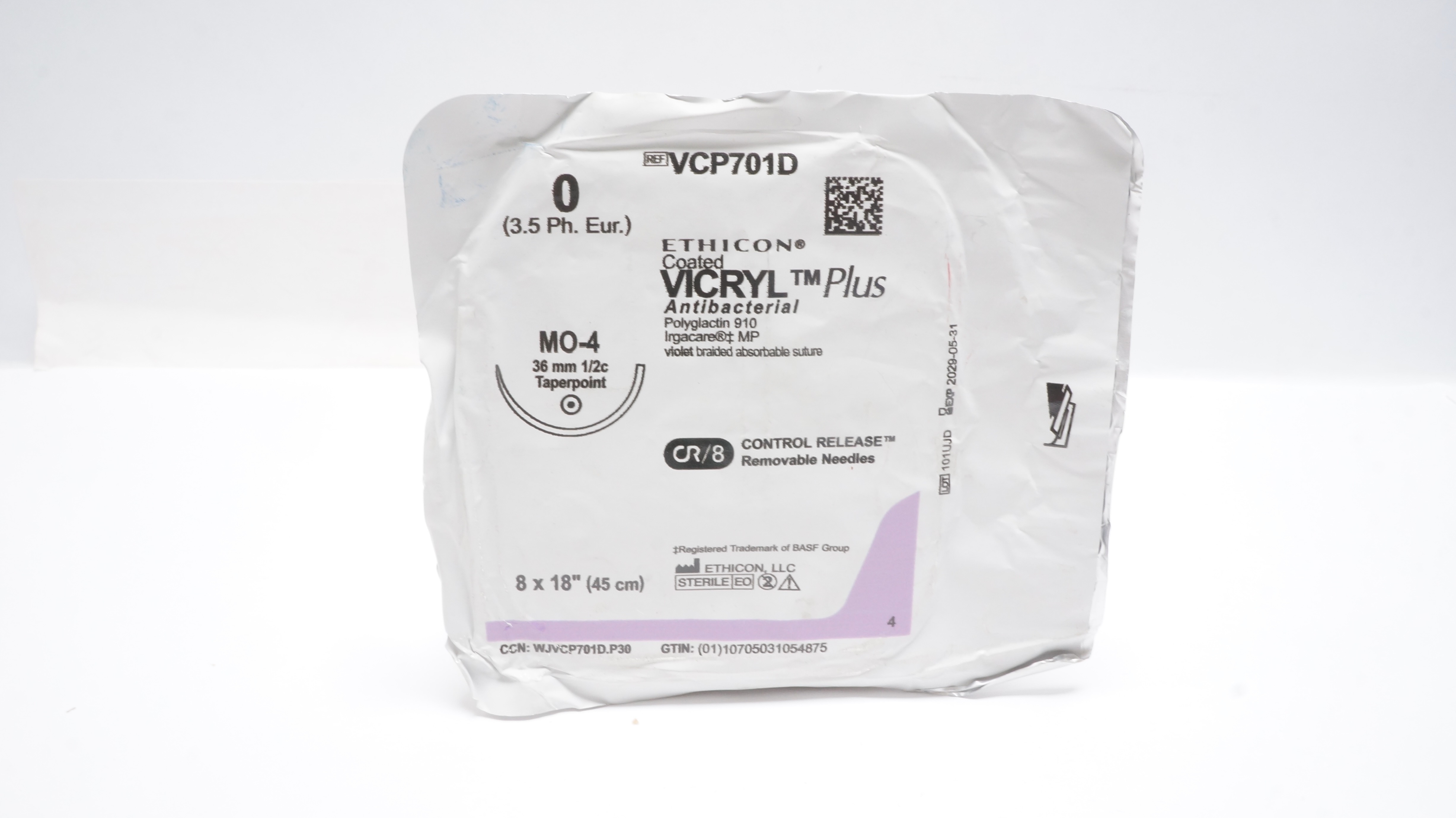 Ethicon VCP701D 0 VICRYL Plus Polyglactin Stre MO-4 36mm 1/2c Taperpoint 18inch