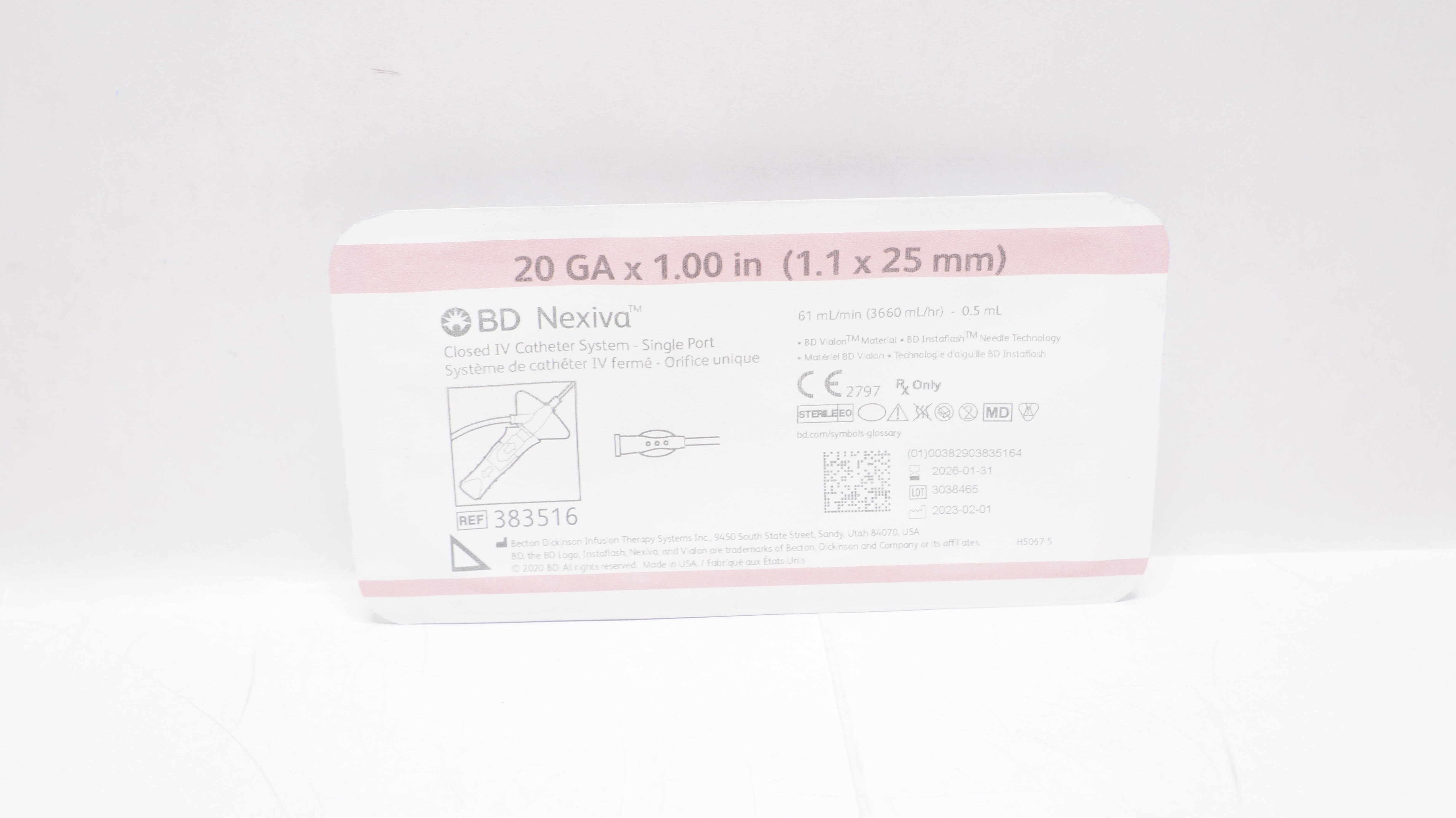 BD 383516 Nexiva Clodsed IV Cath. System-Single Port 20GA x 1.00inch 61mL/min
