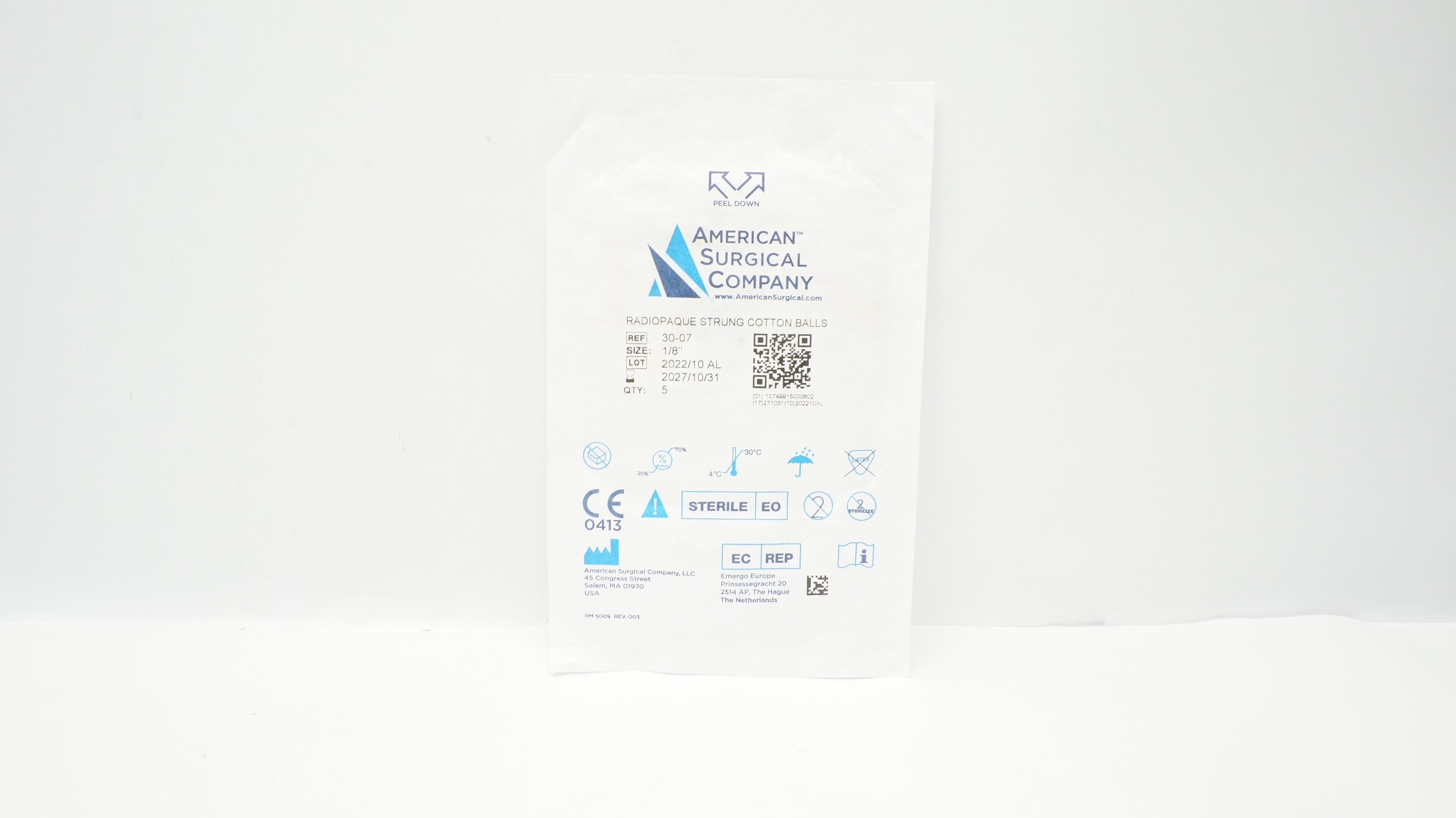 American Surgical Company 30-07 Radiopaque Strung Cotton Balls 1/8in - Pack of 5