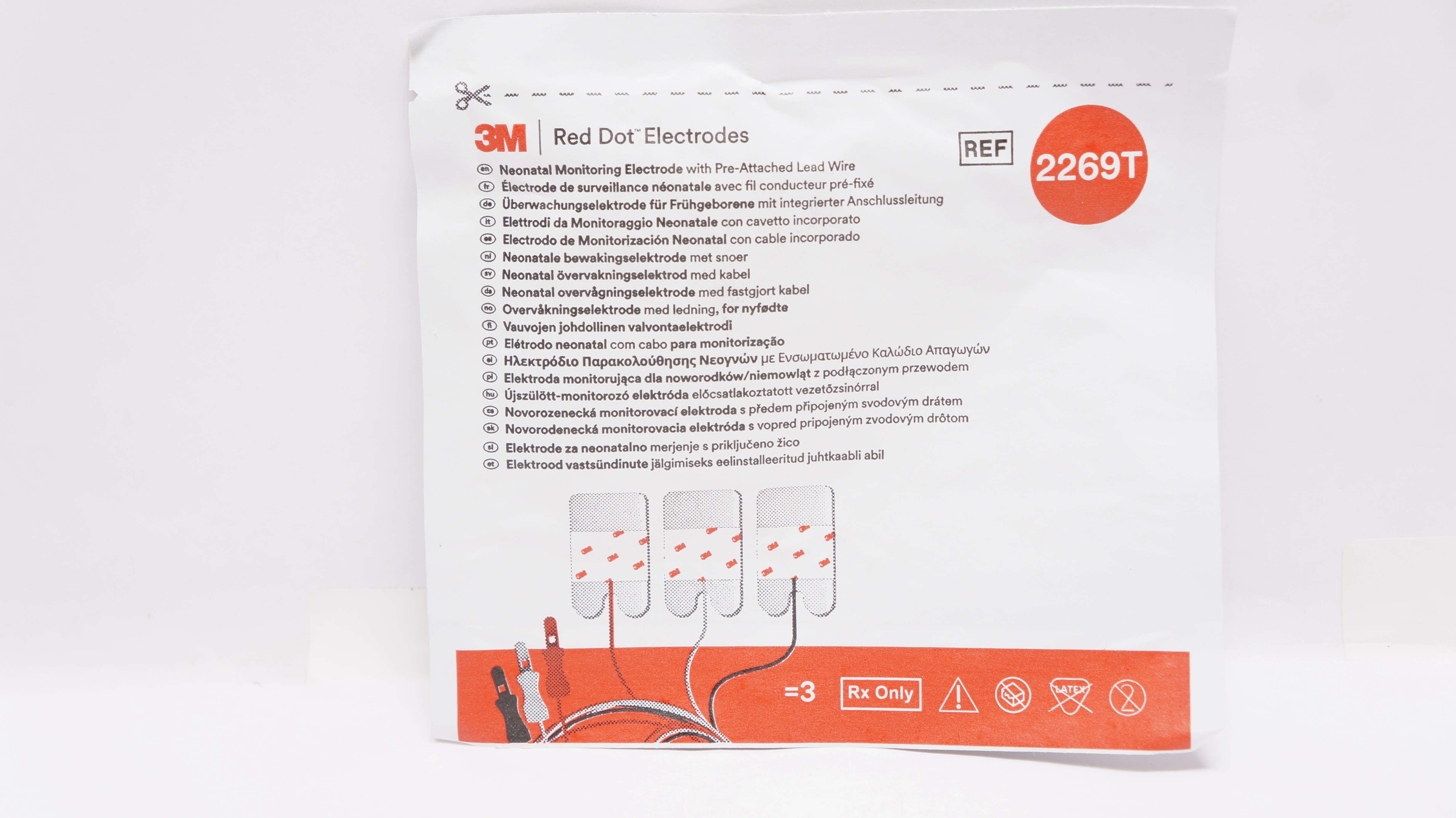 3M 2269T Red Dot Neonatal Monitoring Electrode w/Lead Wire (x) - Pack of 3