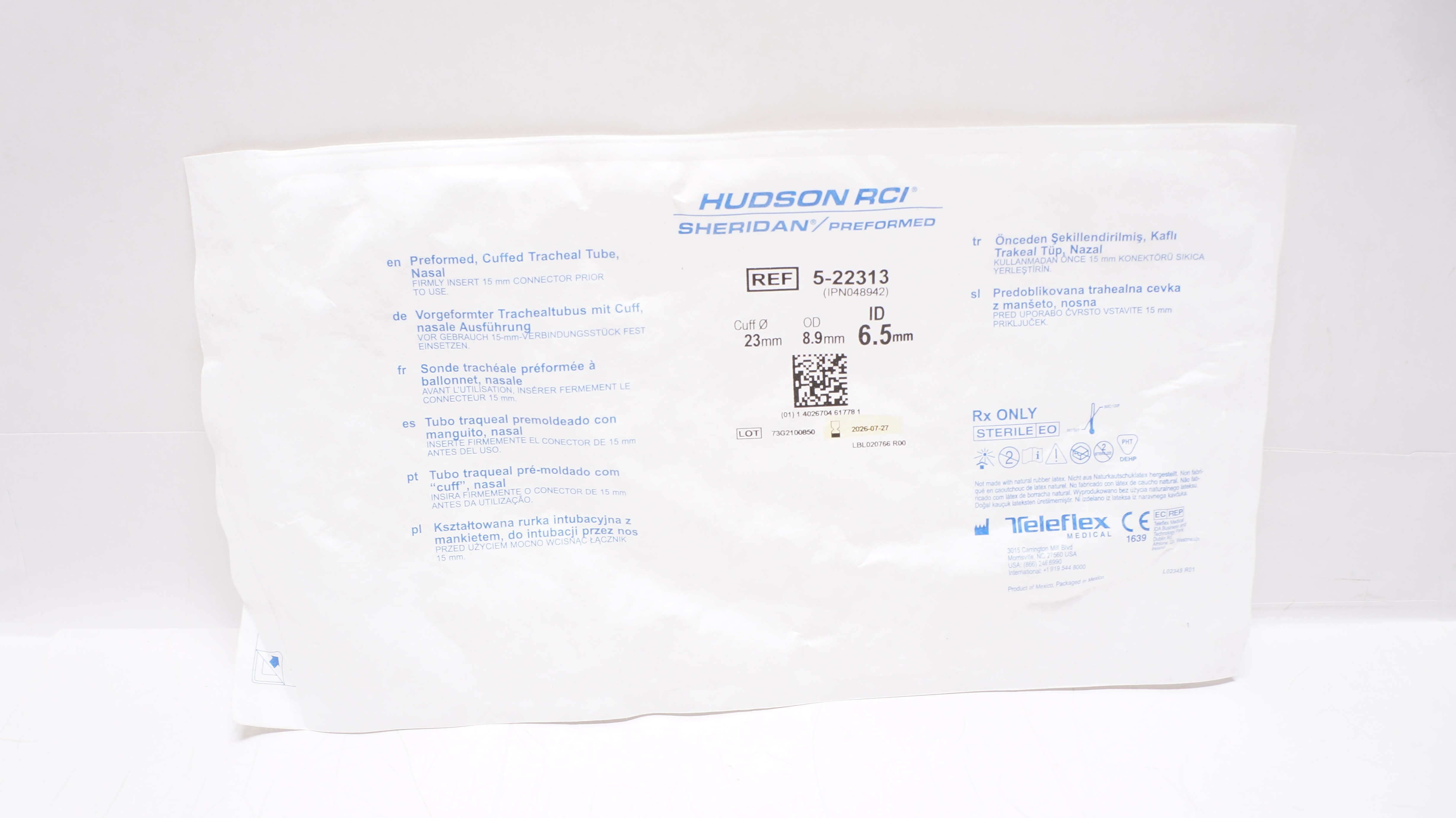 Teleflex 5-22313 Hudson RCI Cuffed Tracheal Tube Nasal 23mm OD 8.9mm ID 6.5mm