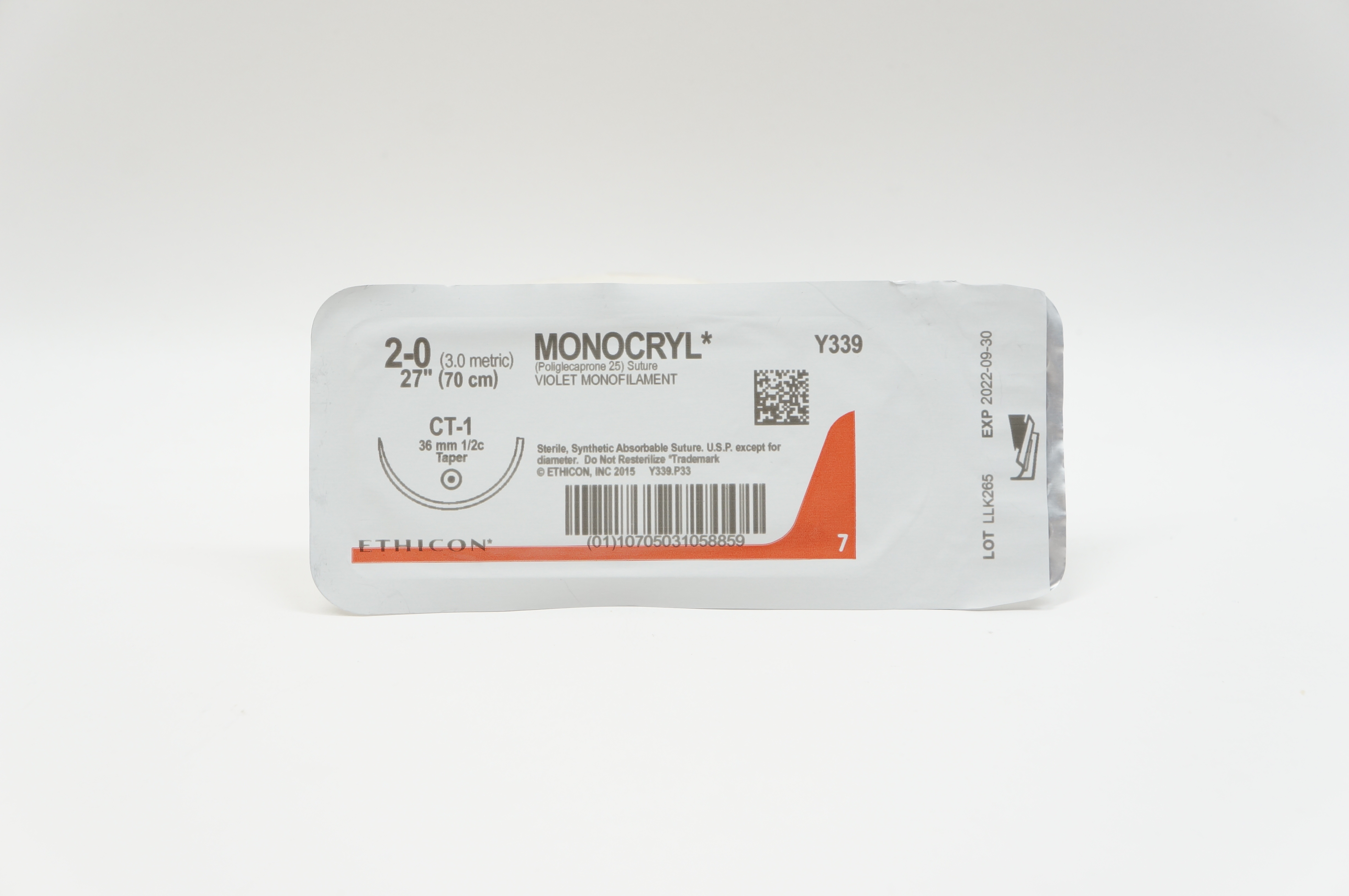 Ethicon Y339 2-0 MONOCRYL, CT-1, 36mm 1/2c Taper, 27inch