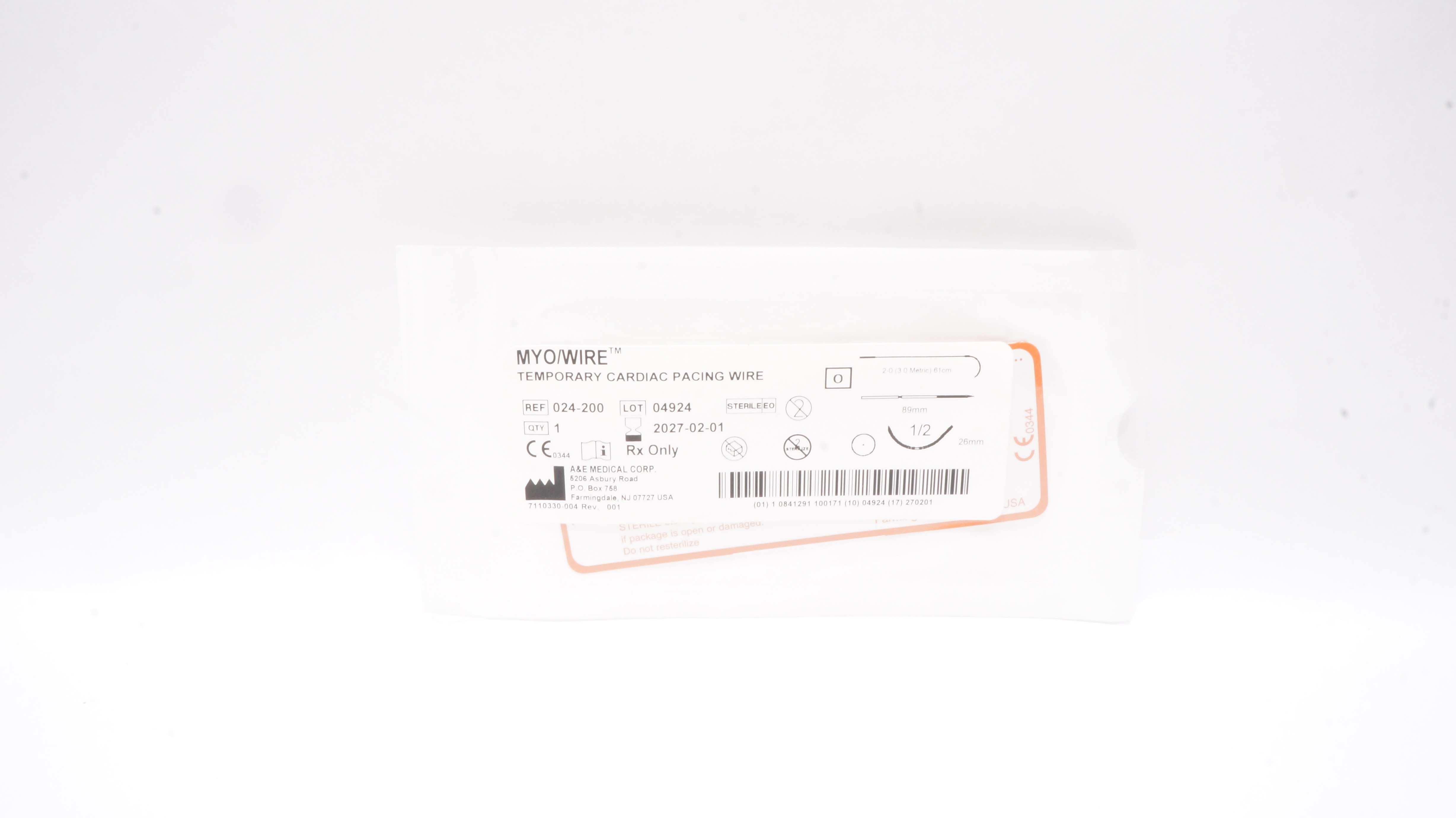 A&E 024-200 2-0 Myo/Wire Temporary Cardiac Pacing Wire 1/2c 26mm 61cm x 89mm