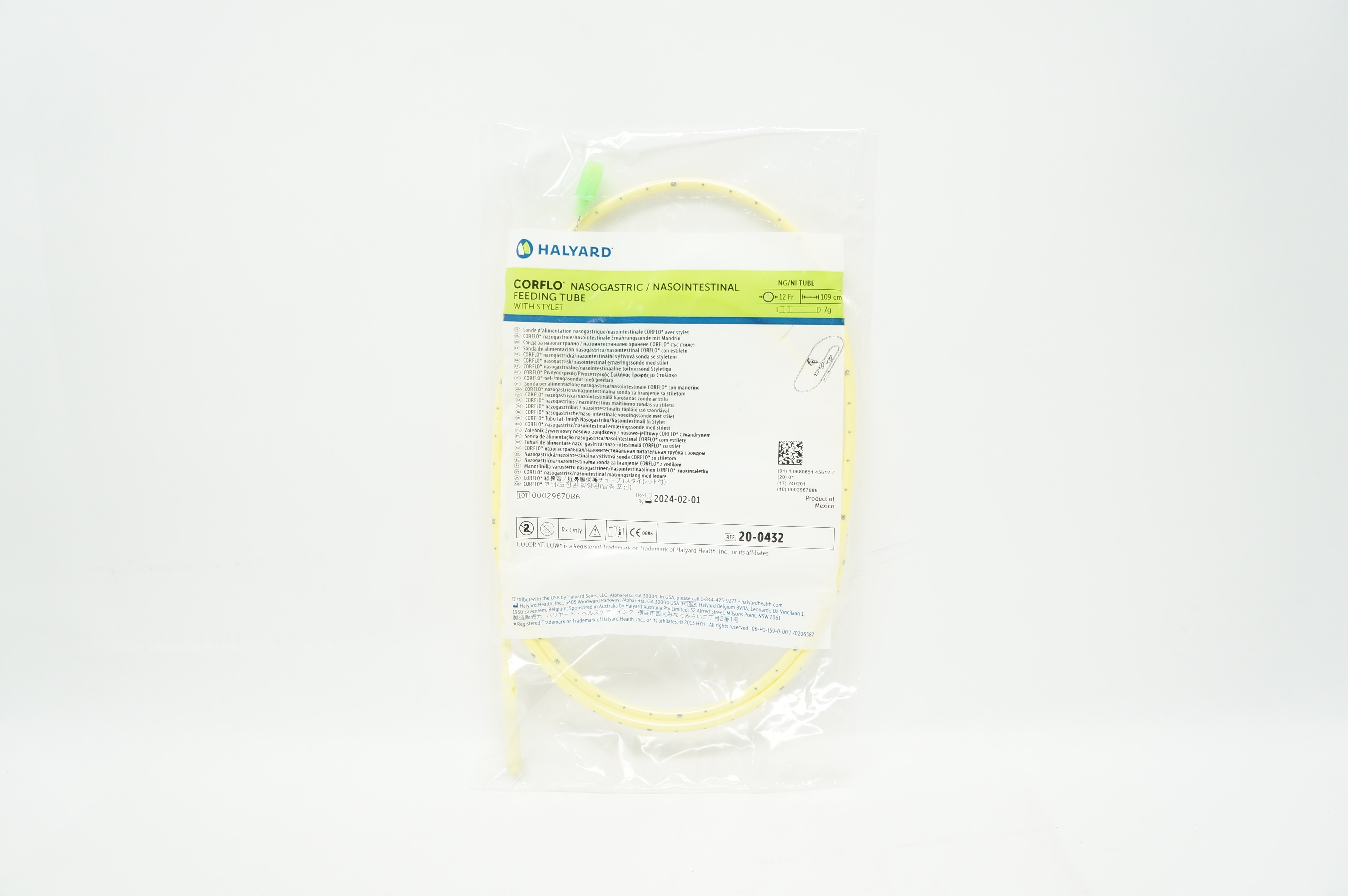 Halyard 20-0432 Corflo Nasogastric/Nasointestinal Feeding Tube 12Fr x 109cm