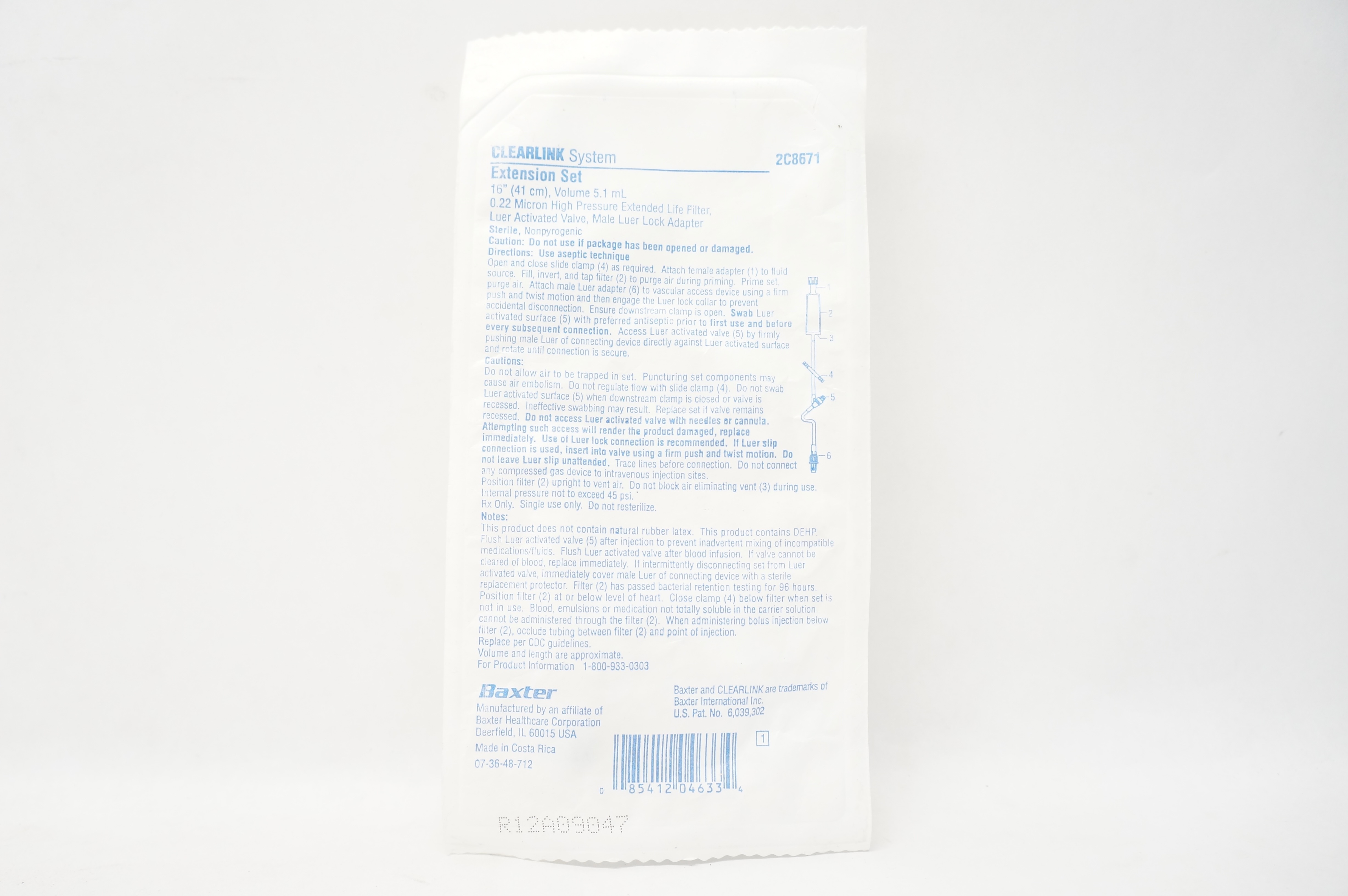 Baxter 2C8671 Clearlink System Extension Set 16 inch x 5.1 mL, 0.2Micron Filter