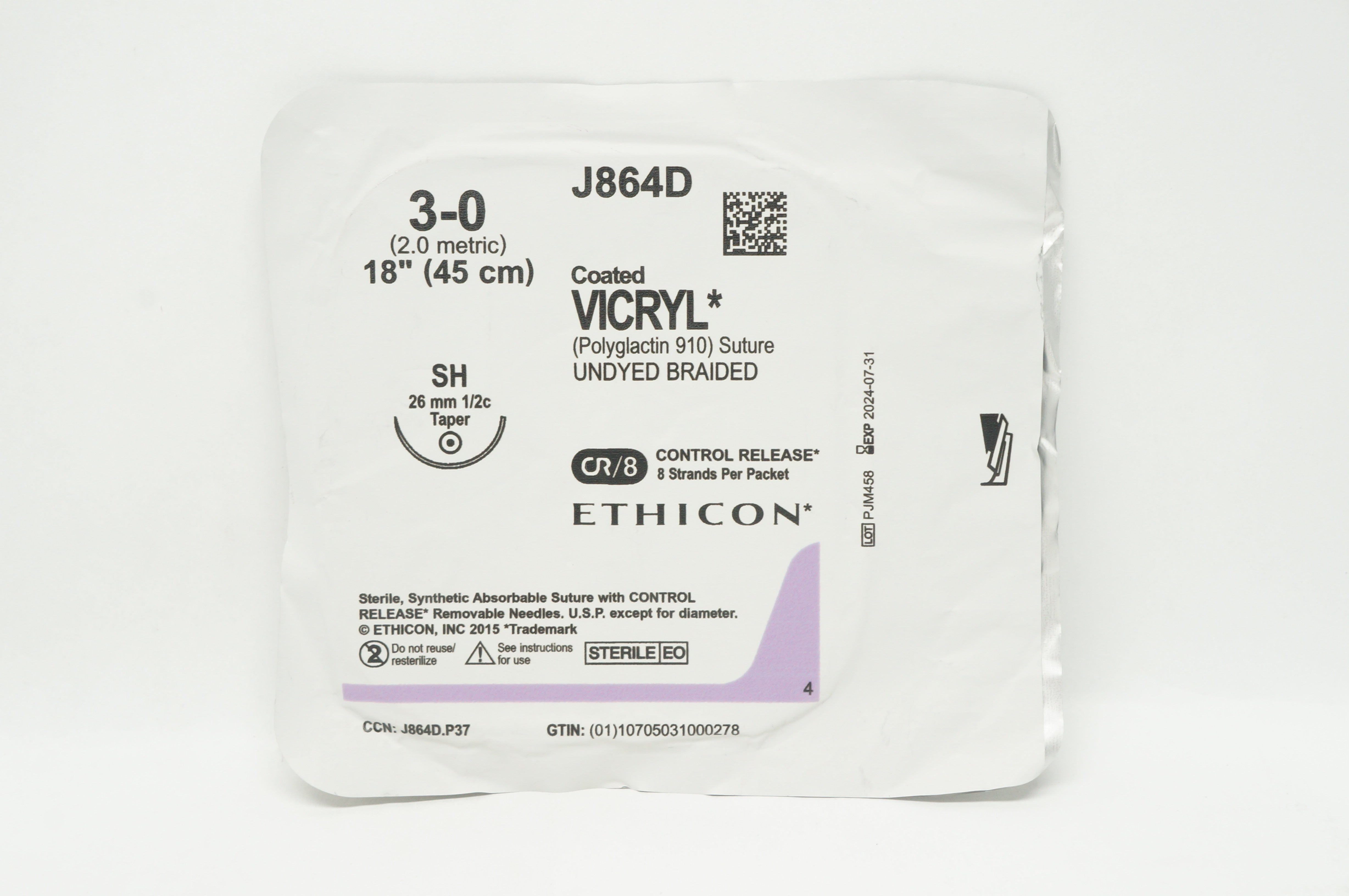 Ethicon J864D 3-0 Coated VICRYL Stre SH 26mm 1/2c Taper, 18inch