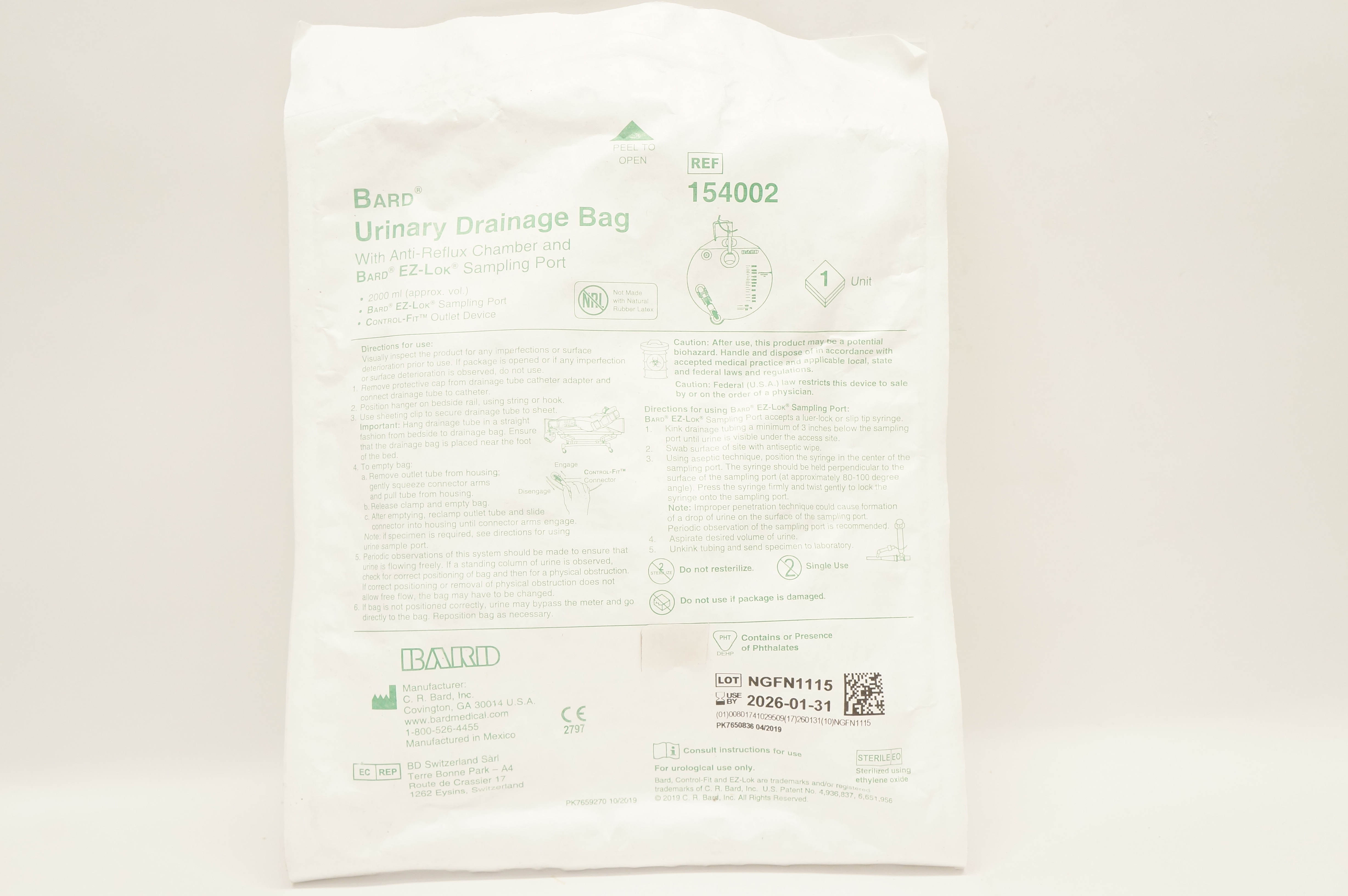 Bard 154002 Urinary Drainage Bag with Anti-Reflux Chamber & Sampling Port 2000ml