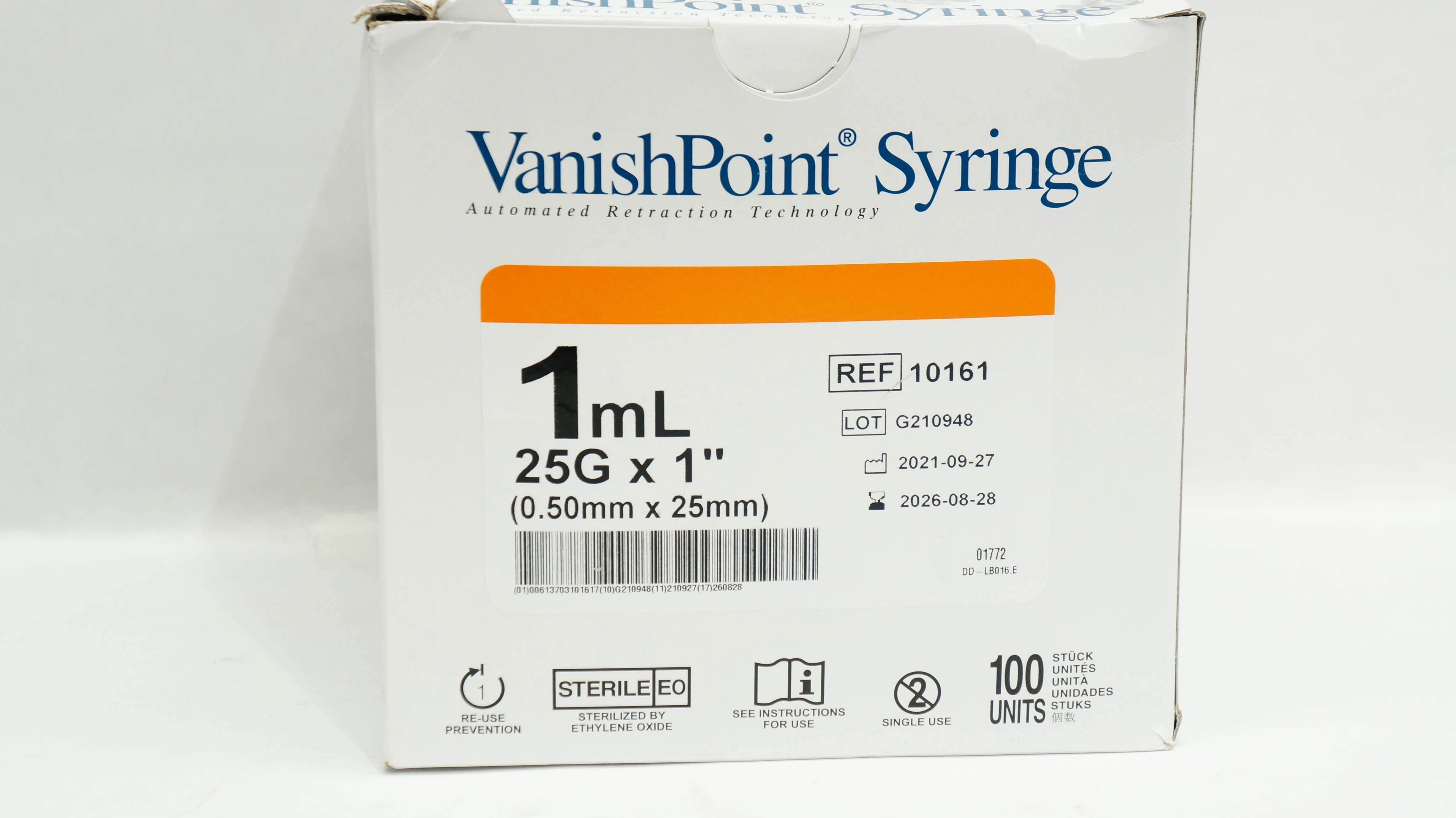 Retractable Technologies 10161 VanishPoint Syringe 1mL, 25G x 1inch - Box of 100