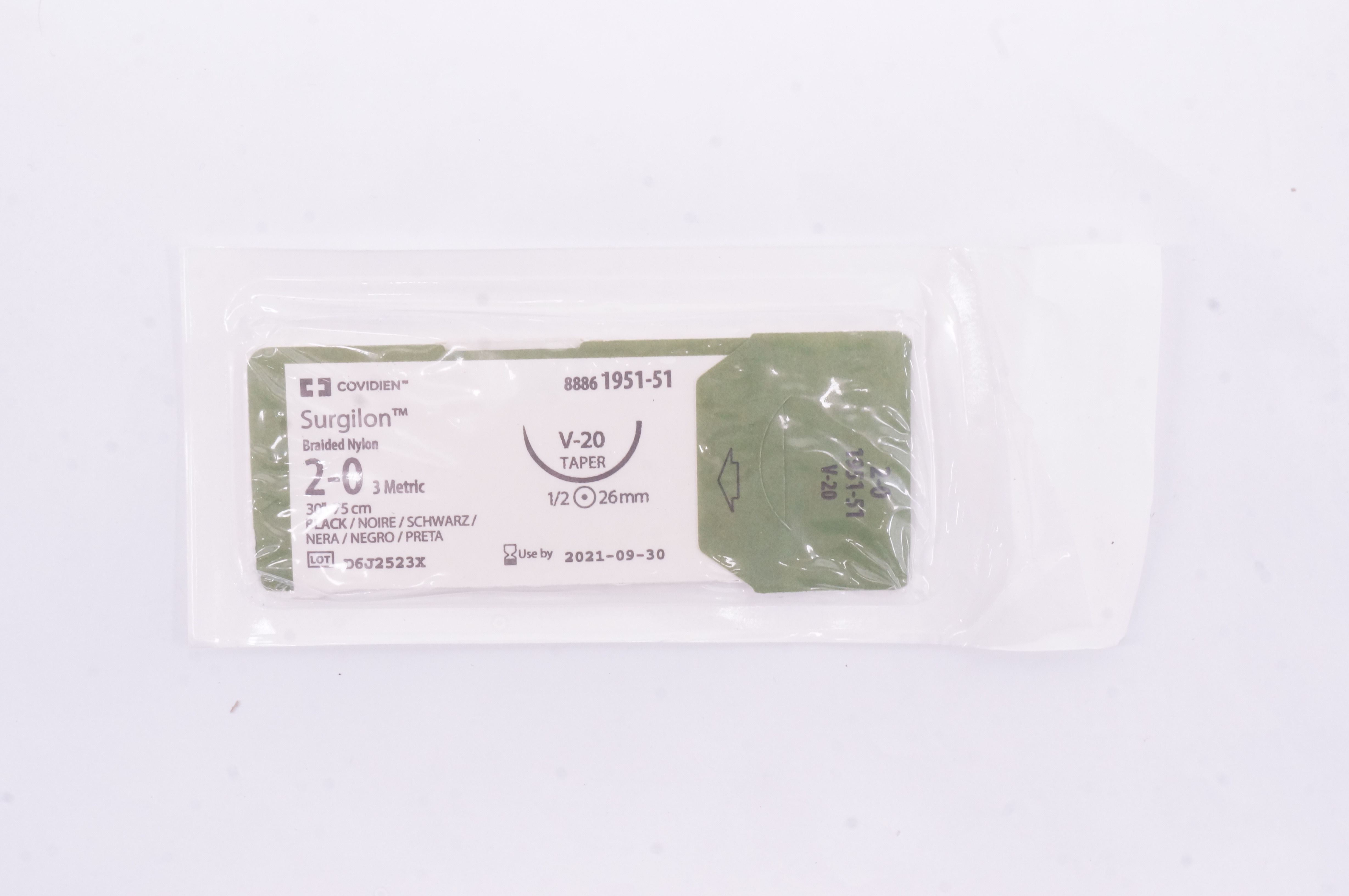 Covidien 1951-51 2-0 Surgilon Braided Nylon V-20 Taper 1/2 26mm 30inch
