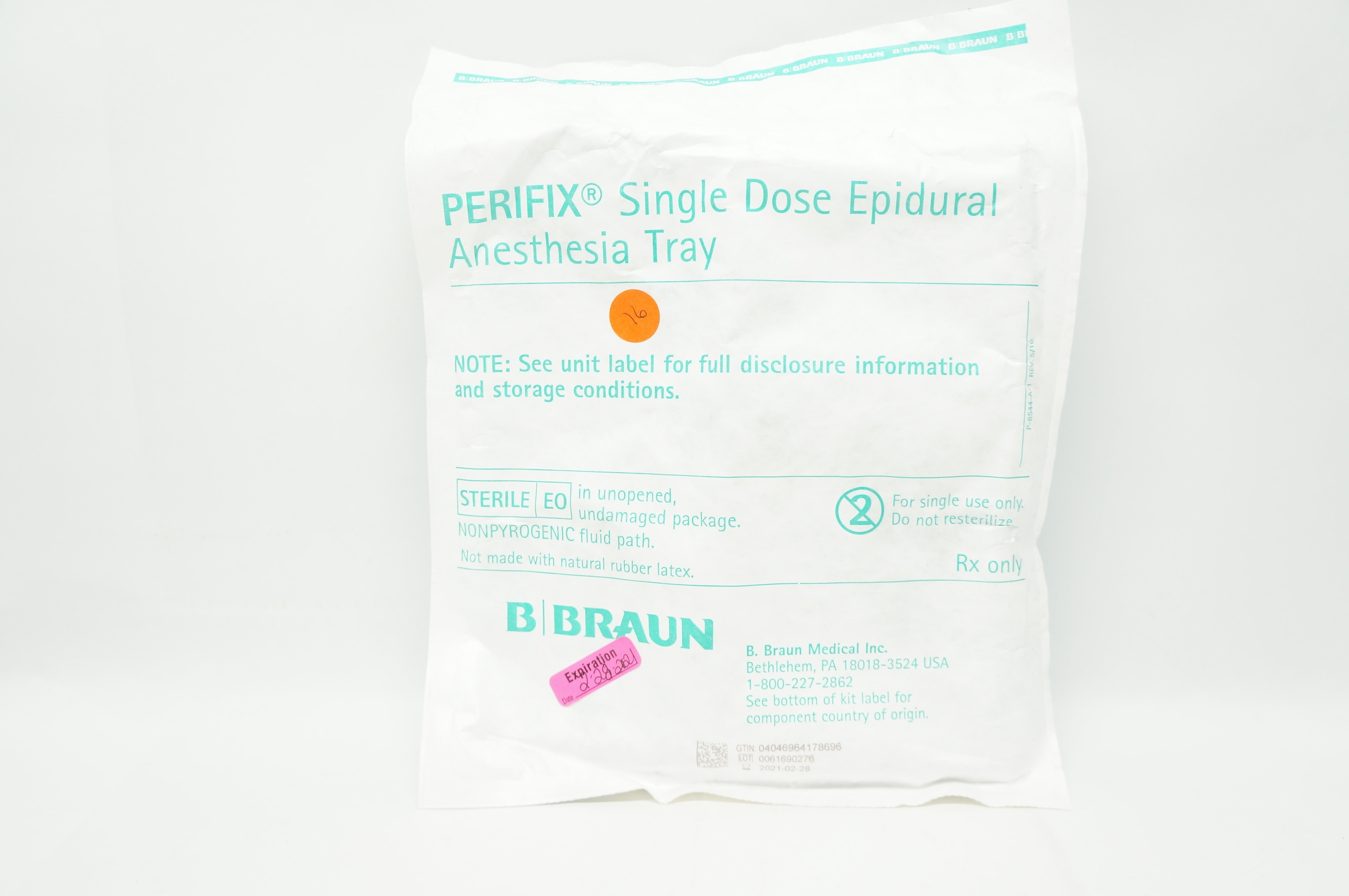 Braun 332249 Perifix Epidural Anesthesia Tray 18Ga x 3 12inch Hustead Ndle (x)