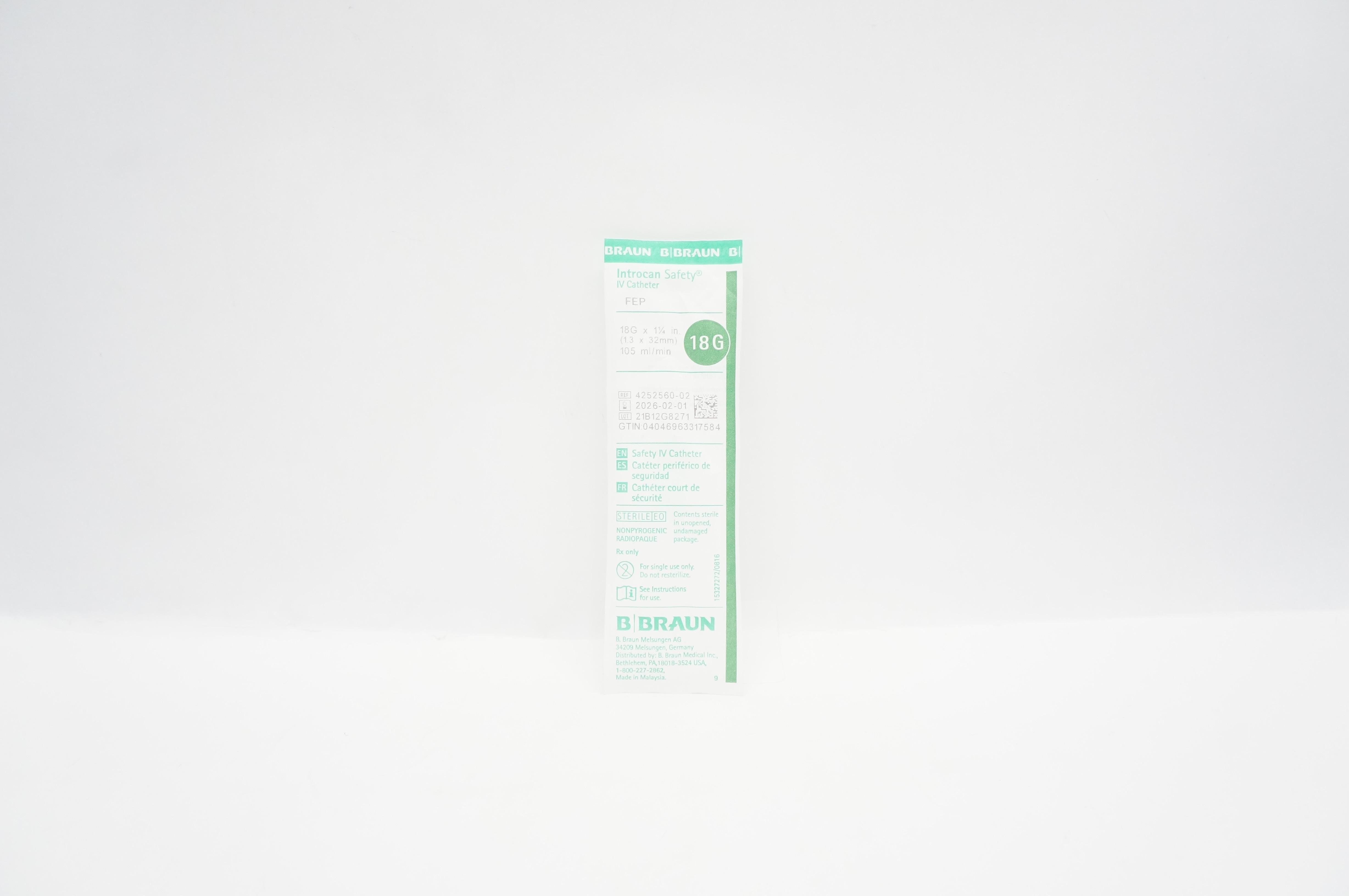 Braun 4252560-02 Introcan Safety FEP IV Cath. 18G x 1 1/4inch 105ml/min
