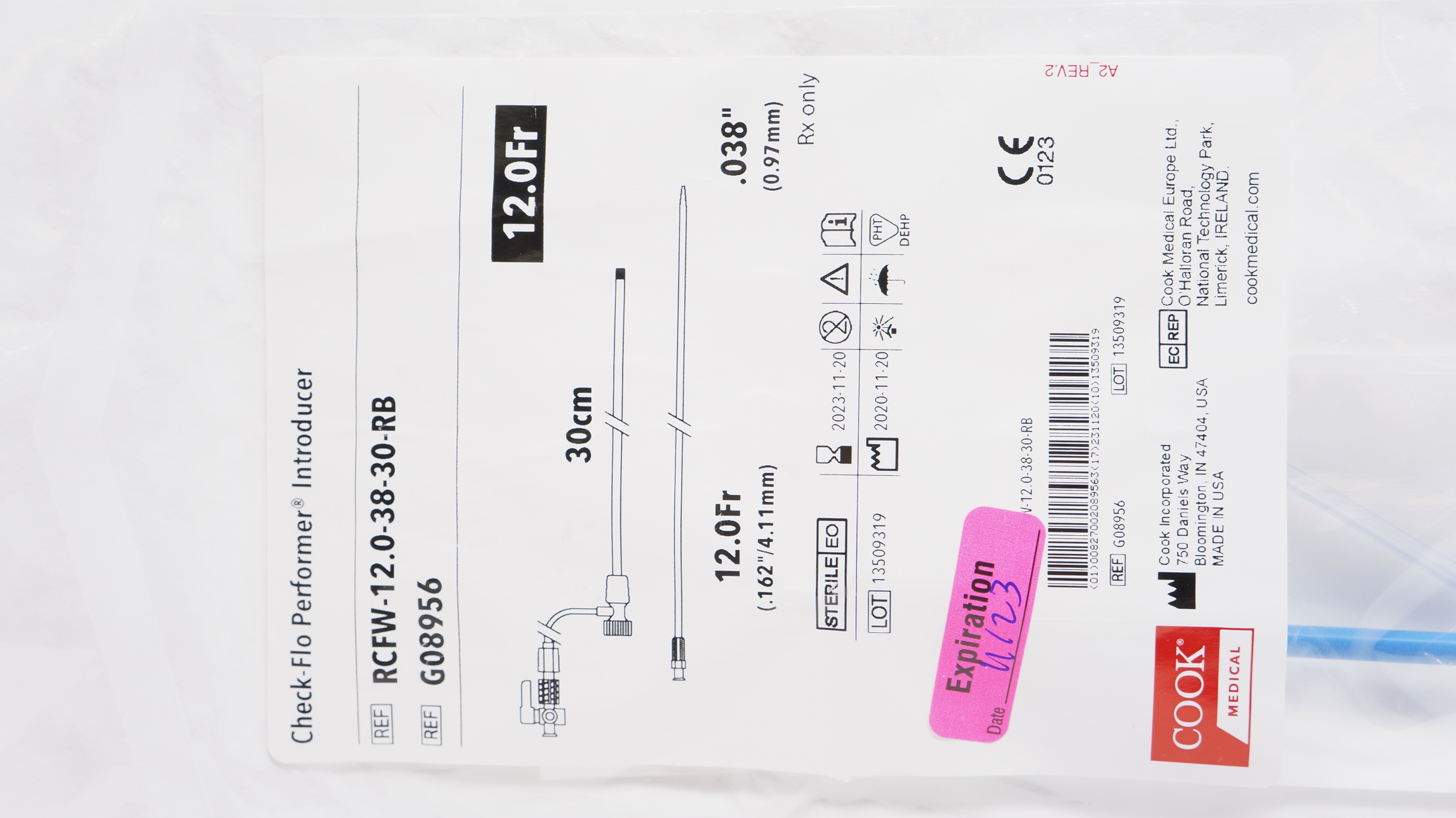 Cook Medical G08956 Check-Flo Performer Introducer 12.0 Fr x 30cm x .038inch(x)