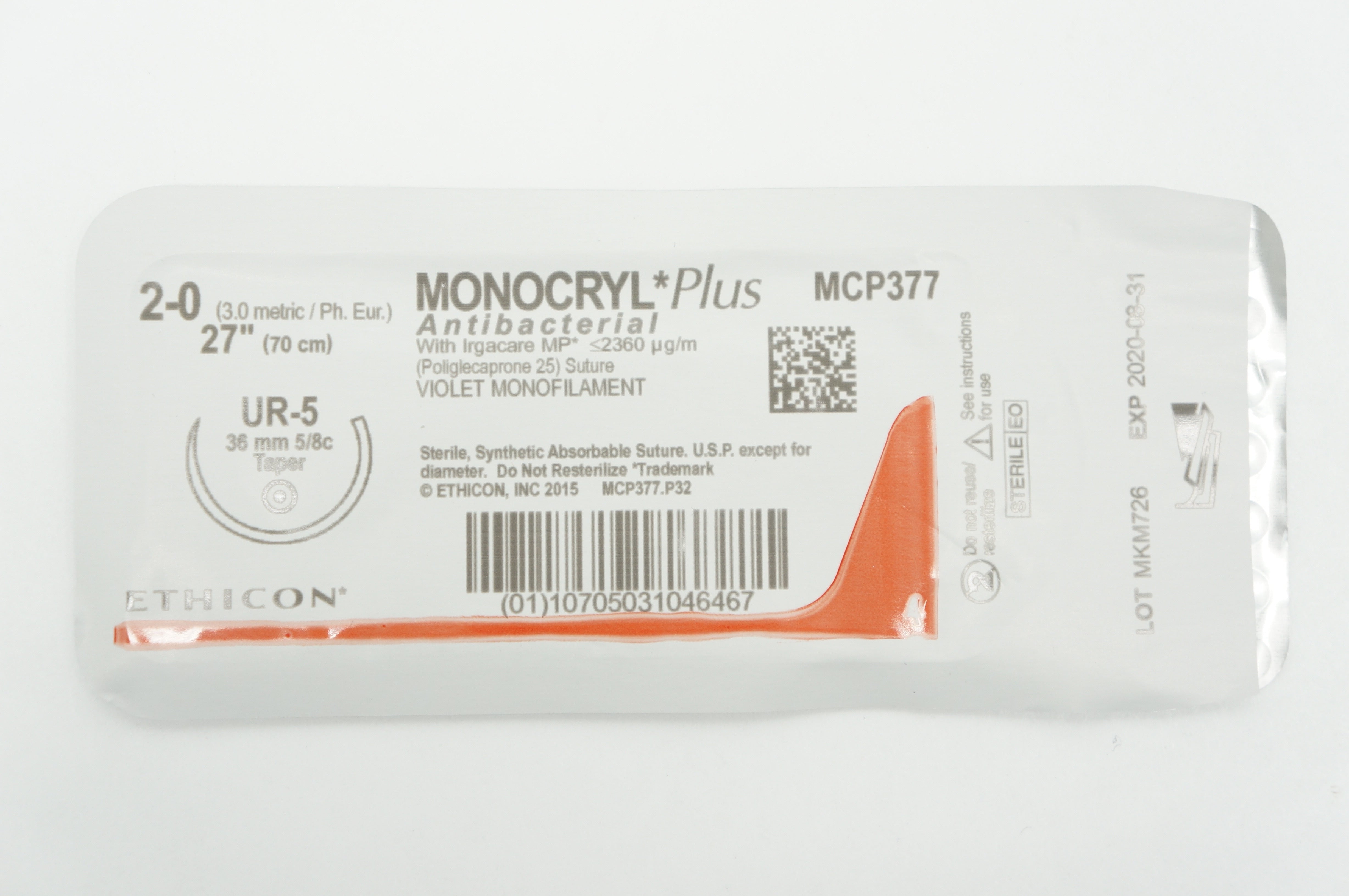 Ethicon MCP377 2-0 MONOCRYL Plus, UR-5, 36mm 5/8c Taper, 27inch (x)