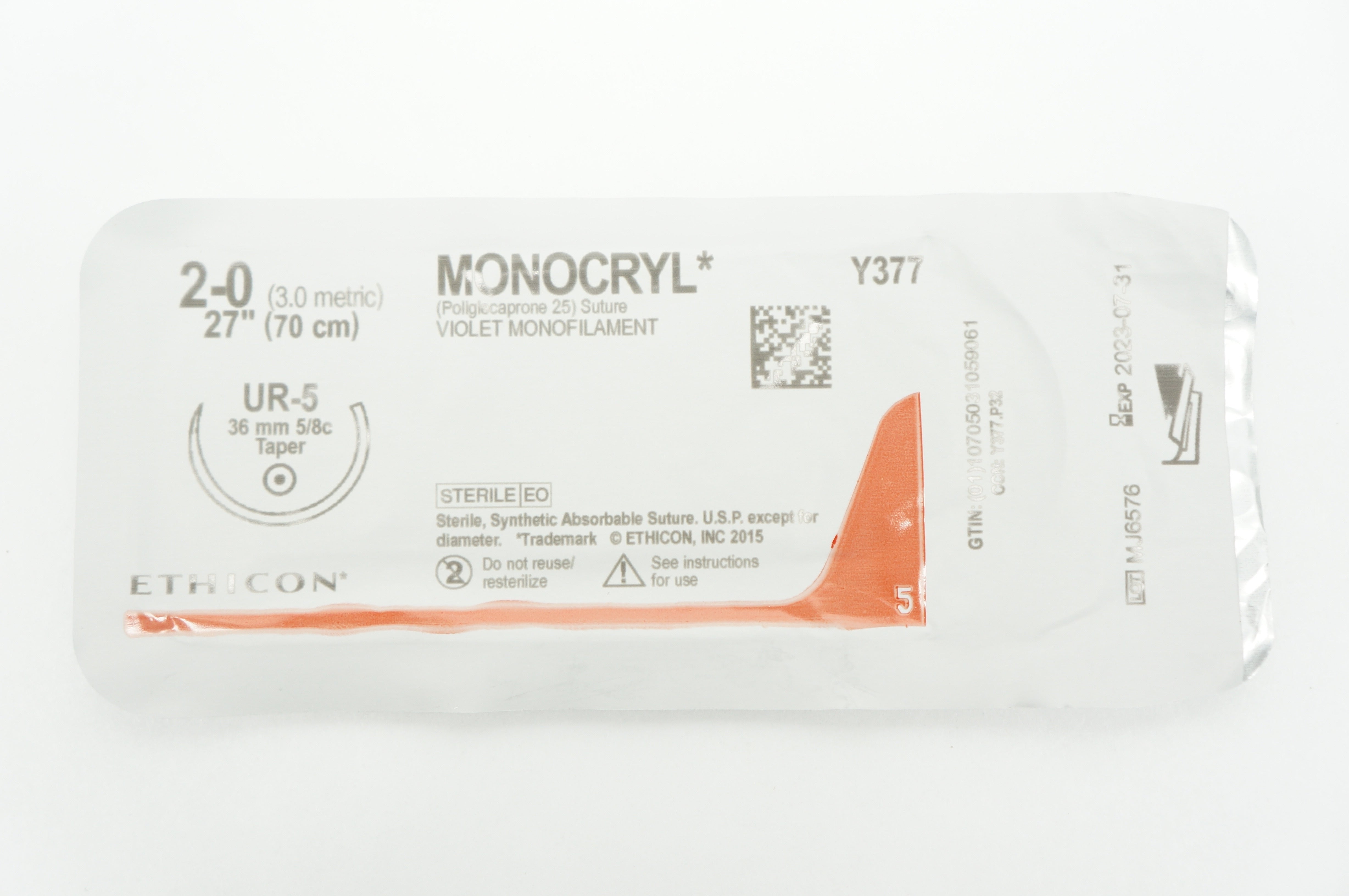 Ethicon Y377 2-0 MONOCRYL, UR-5, 36mm 5/8c Taper, 27inch(x)