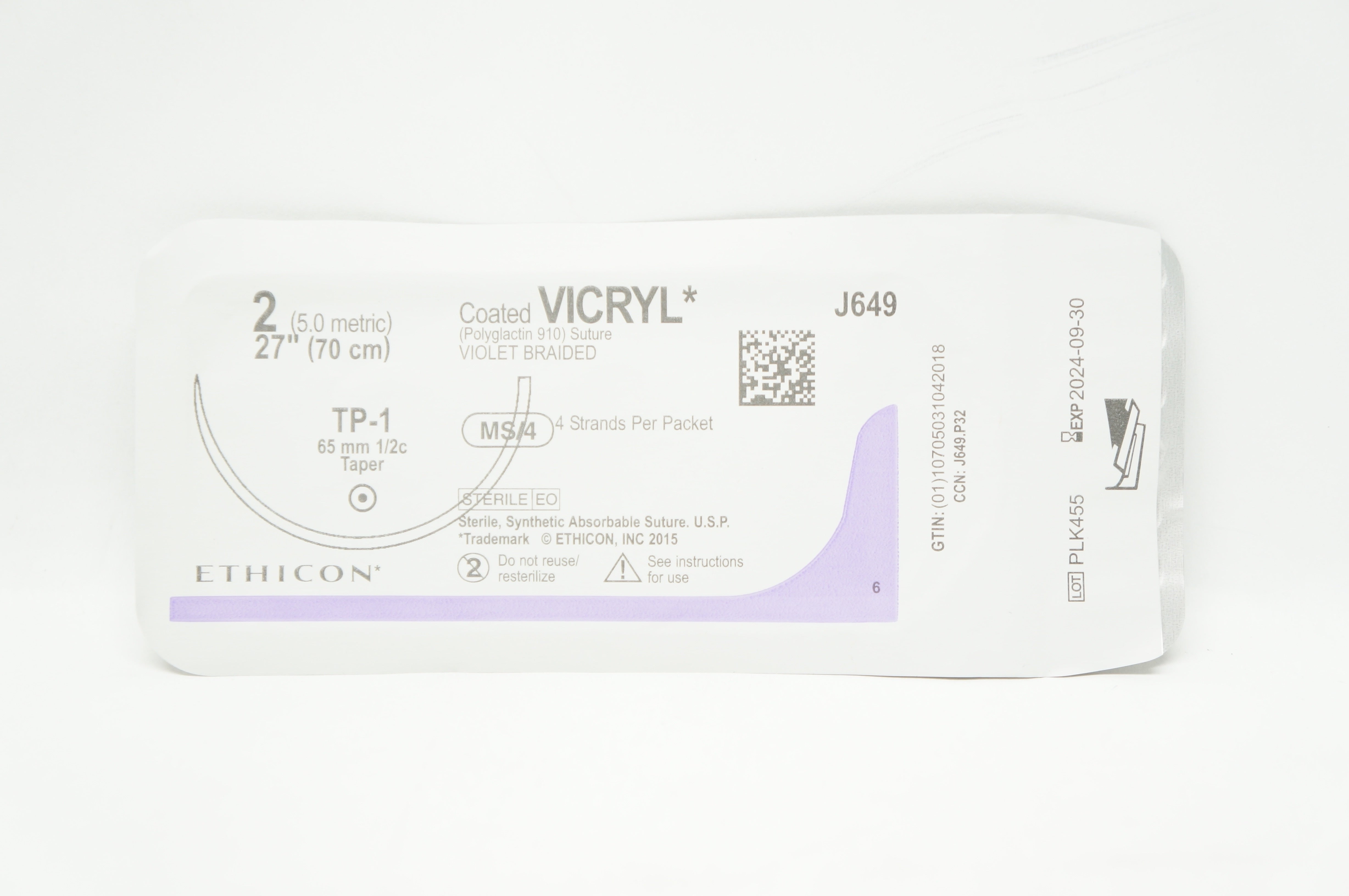 Ethicon J649 2 Coated VICRYL Polyglactin 910 Stre TP-1 65mm 1/2c Taper 27 inch