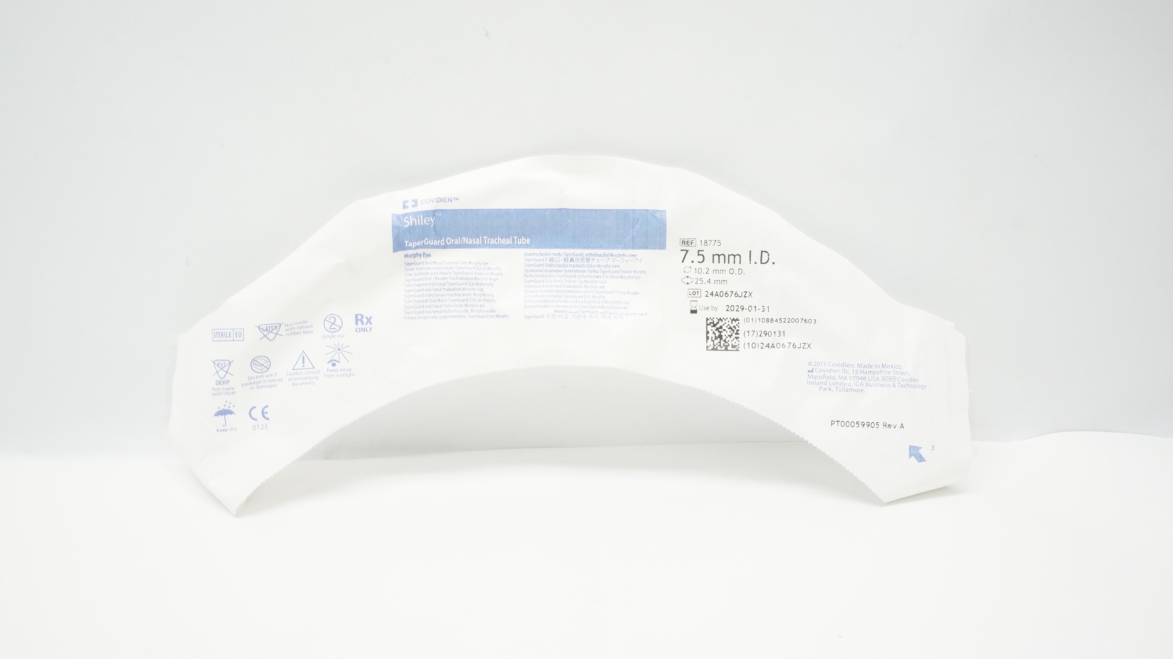 Covidien 18775 Shiley TaperGuard Oral/Nasal Tracheal Tube 7.5 x 10.2 x 25.4mm