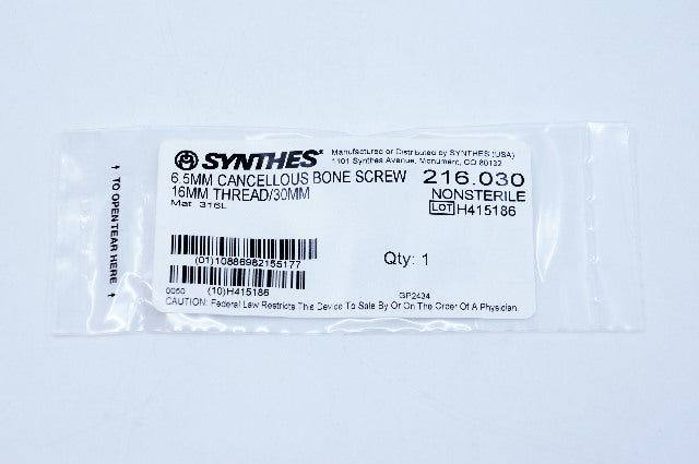 Synthes 216.030 6.5mm Cancellous Bone Screw 16mm Thread/30mm