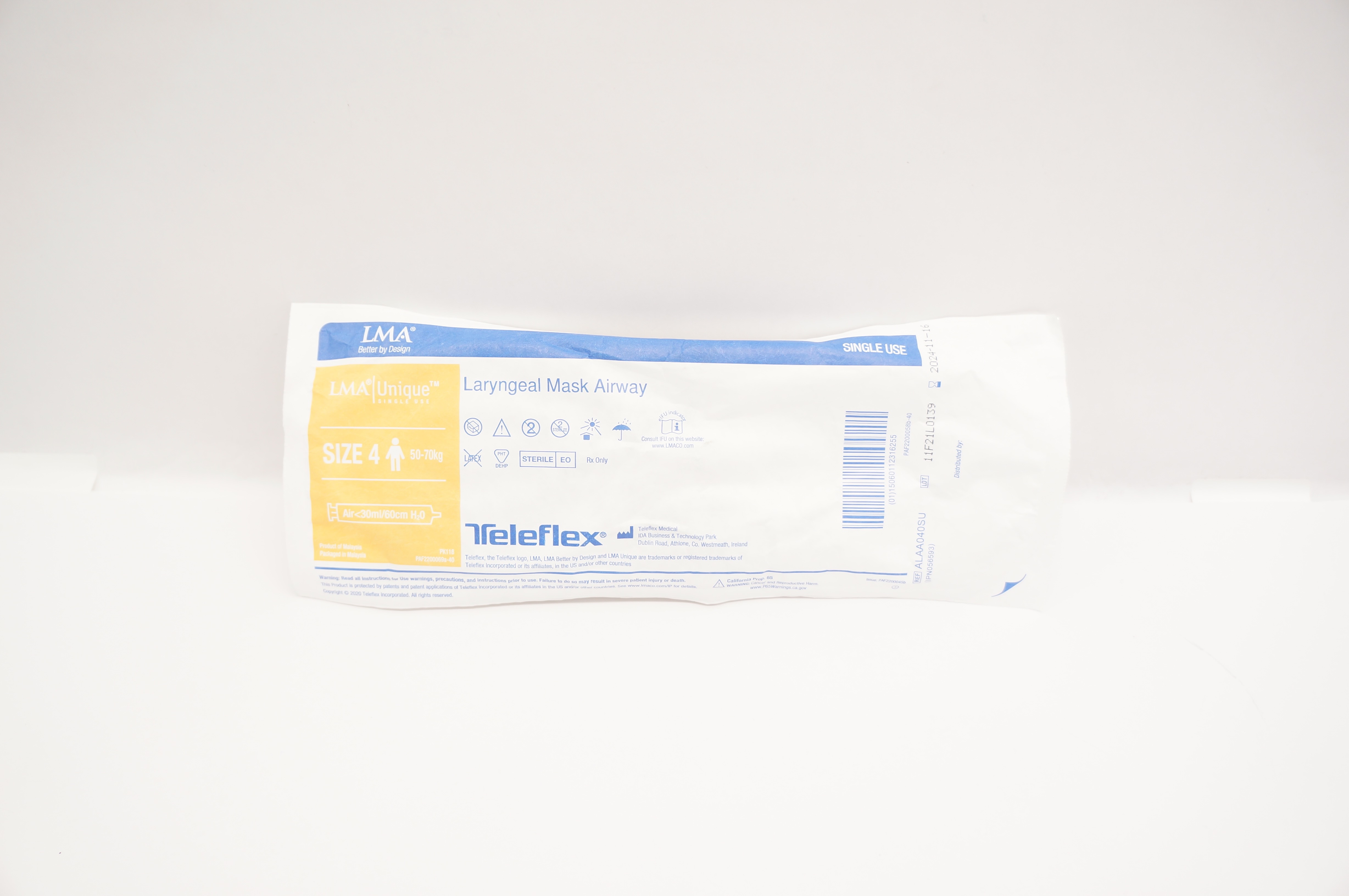 Teleflex ALAA040SU LMA Laryngeal Mask Airway Size 4, 50-70kg Air <30cm/60ml H2O