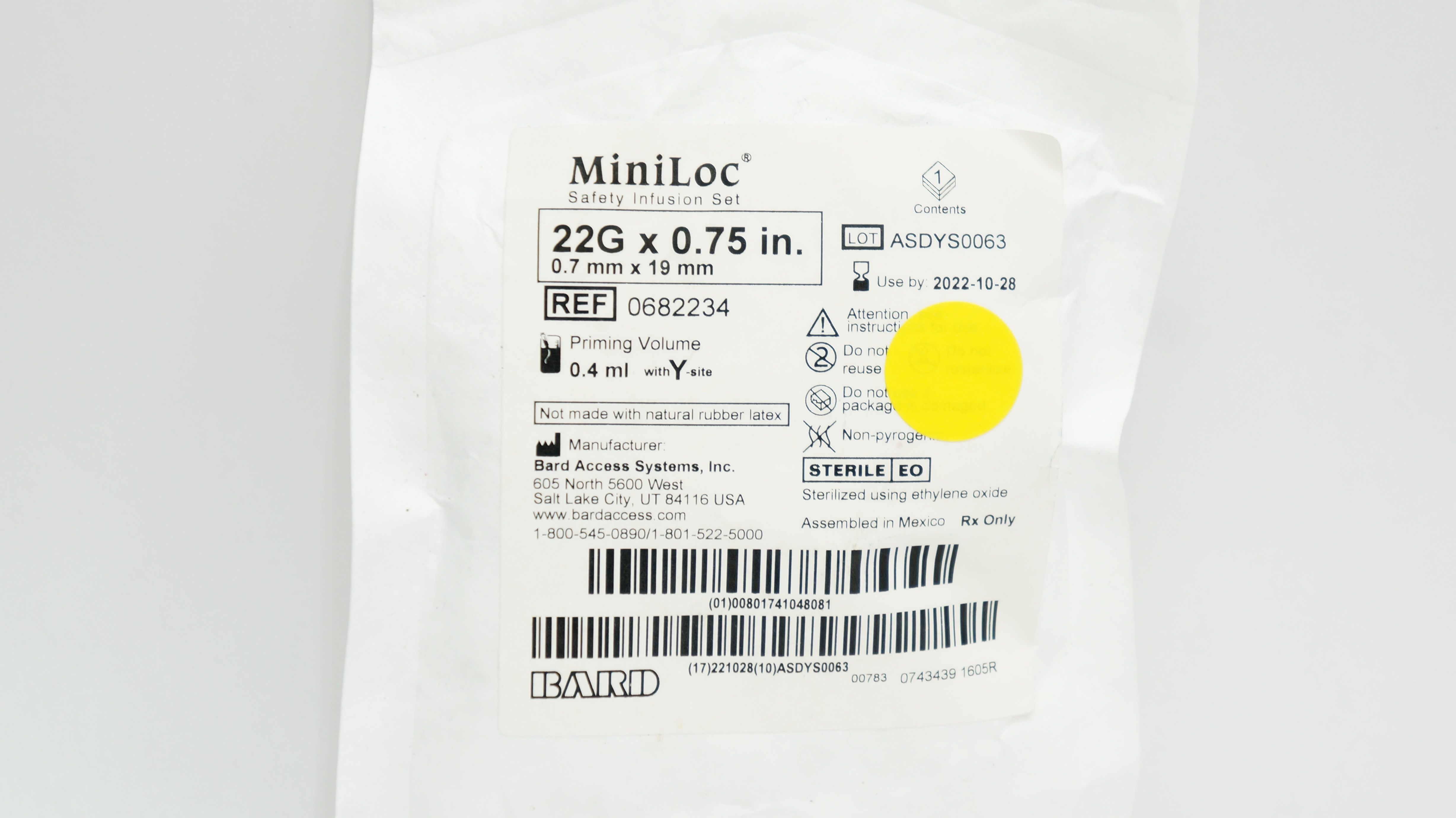 Bard 0682234 MiniLoc Safety Infusion Set 22G x 0.75inch Prim. Vol .0.4ml (x)