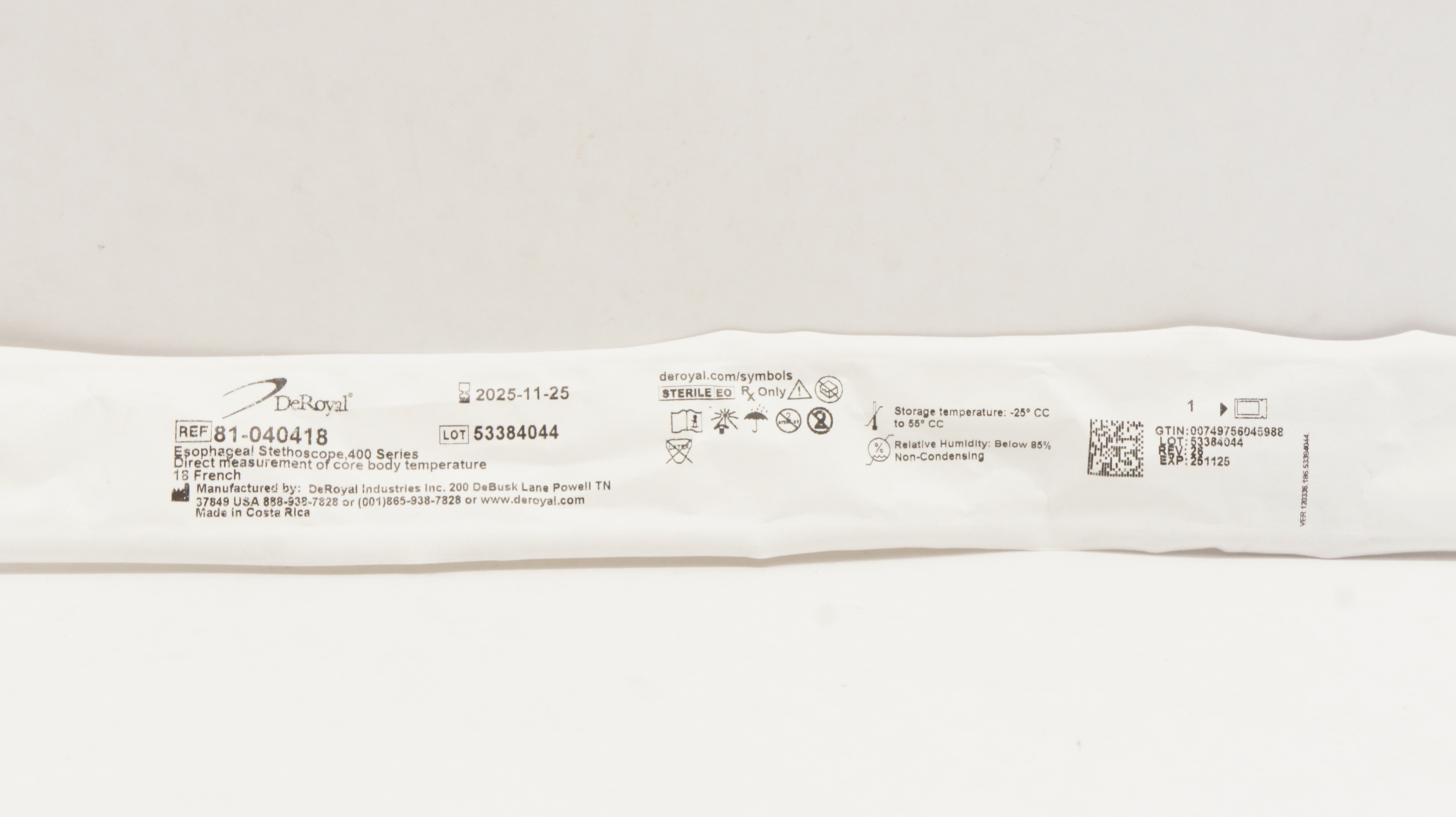 DeRoyal 81-040418 Esophageal Stethoscope w/Temperature Sensor 18Fr., 400 Series