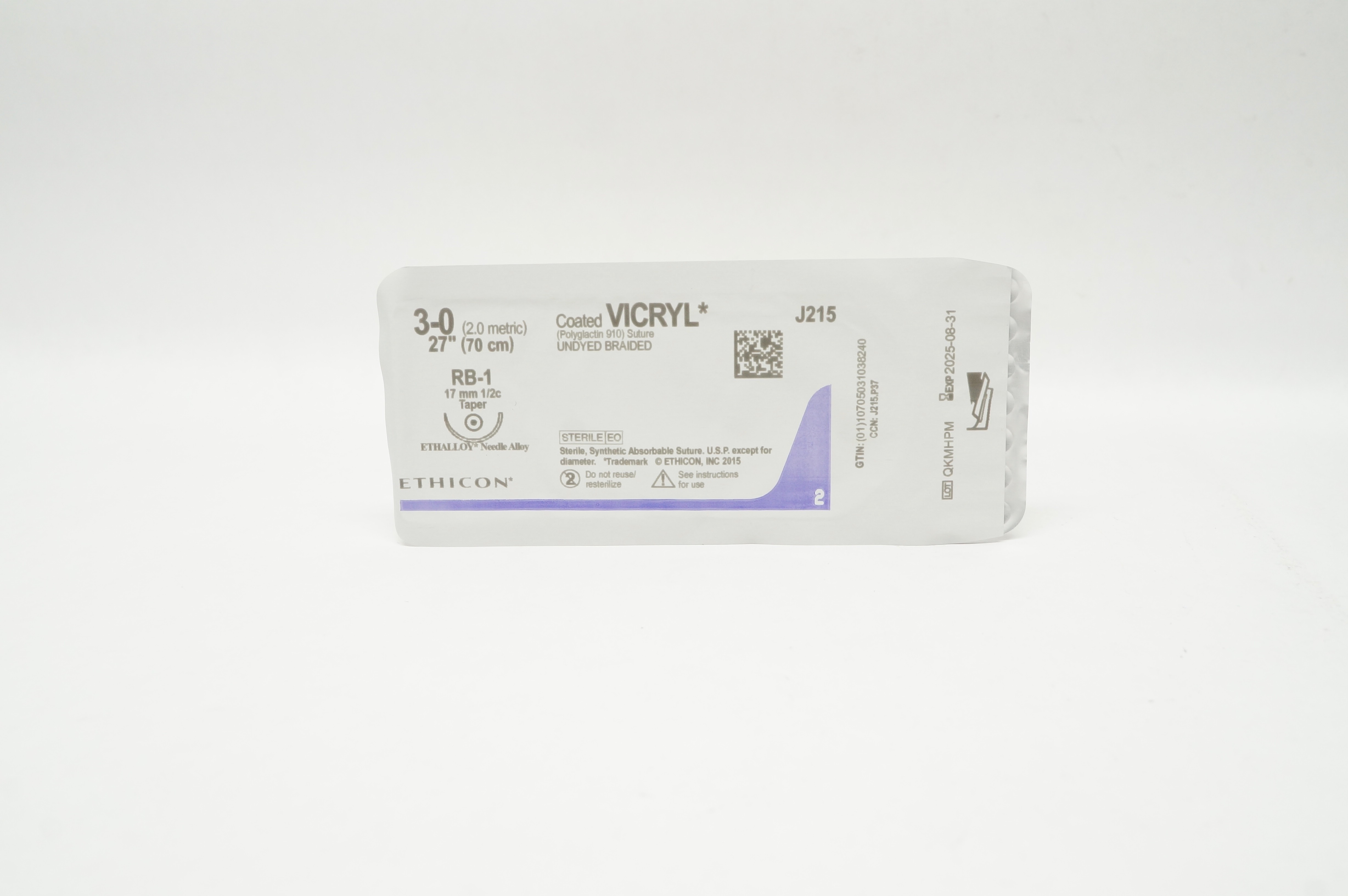 Ethicon J215 3-0 Coated VICRYL Polyglactin 910 Stre RB-1 17mm 1/2c Taper, 27inch