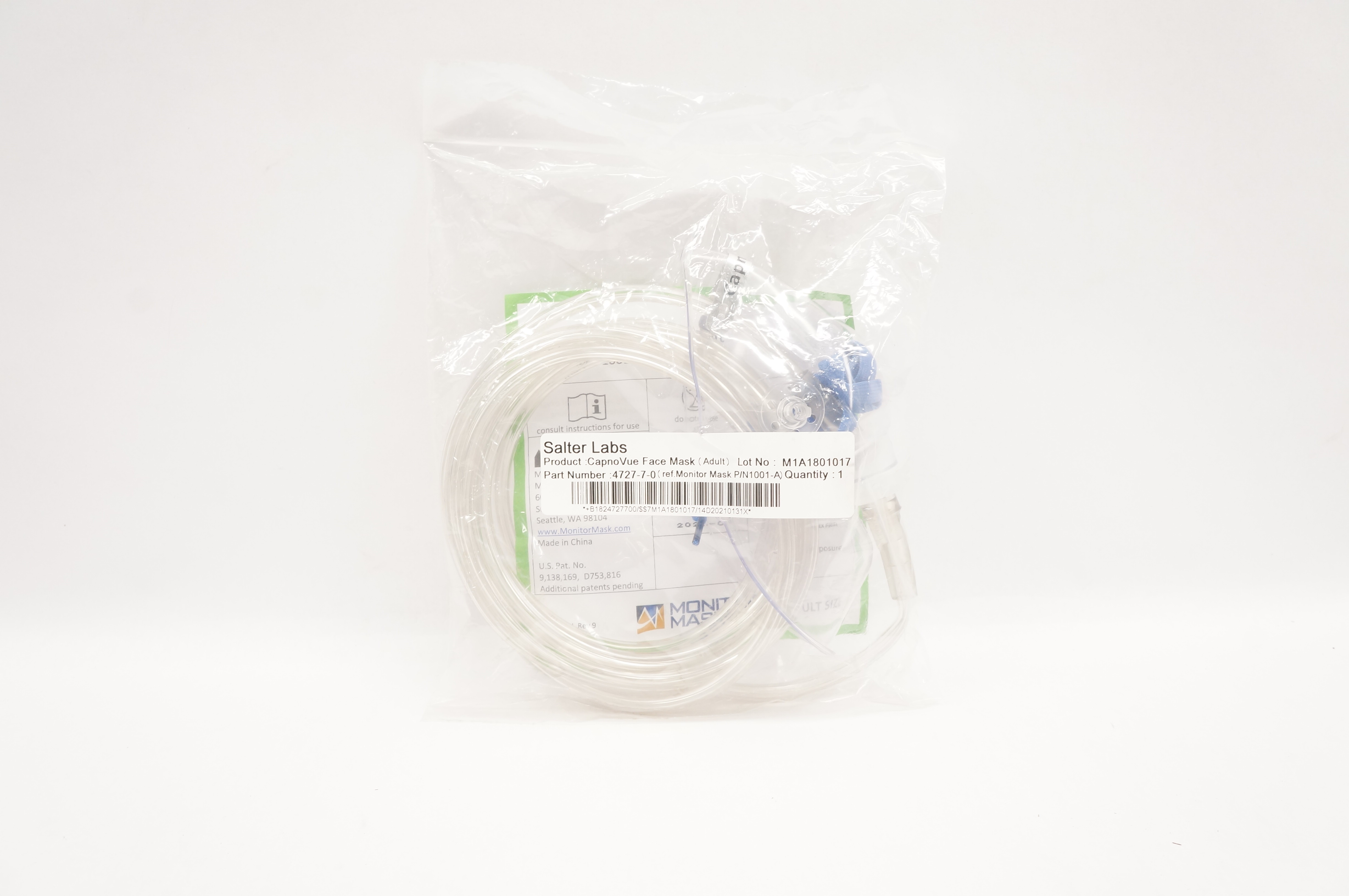 Salter Labs 1001-A CapnoVue Monitor Mask Face Mask M1 Adult