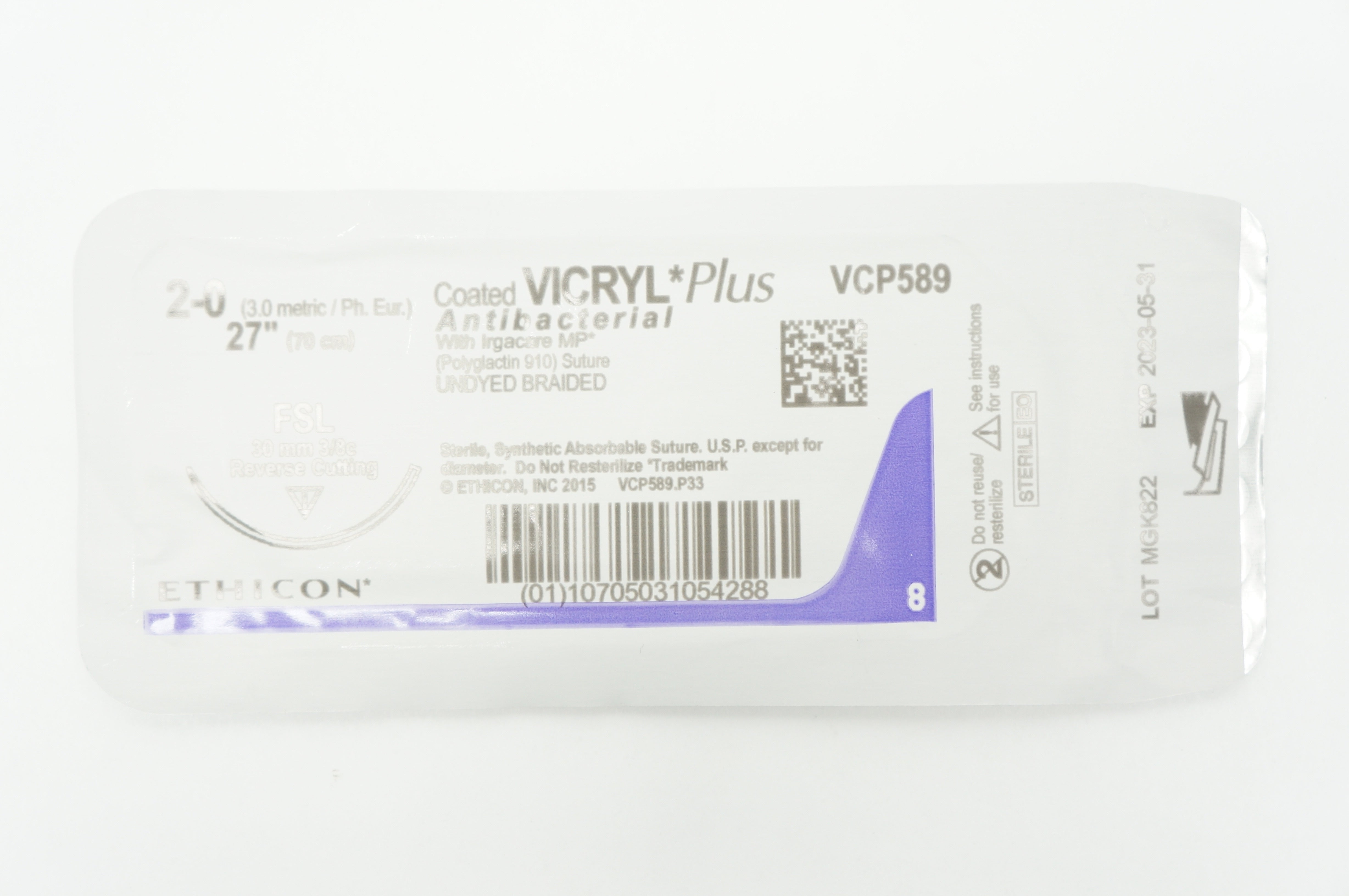 Ethicon VCP589 2-0 VICRYL Plus FSL 30mm 3/8c Reverse Cutting 27inch
