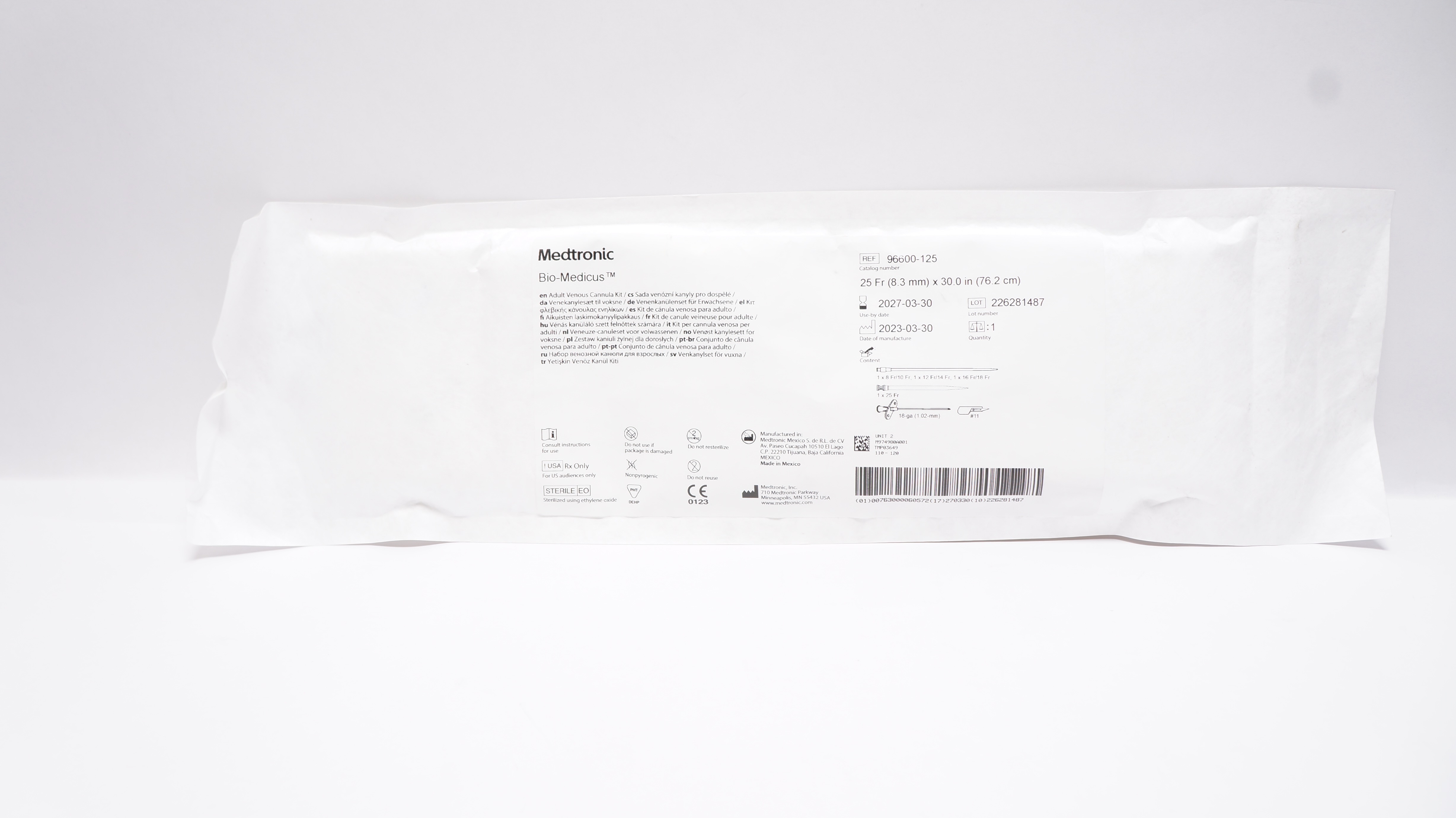 Medtronic 96600-125 Bio-Medicus Adult Venous Cannula Kit 25Fr x 30.0inch