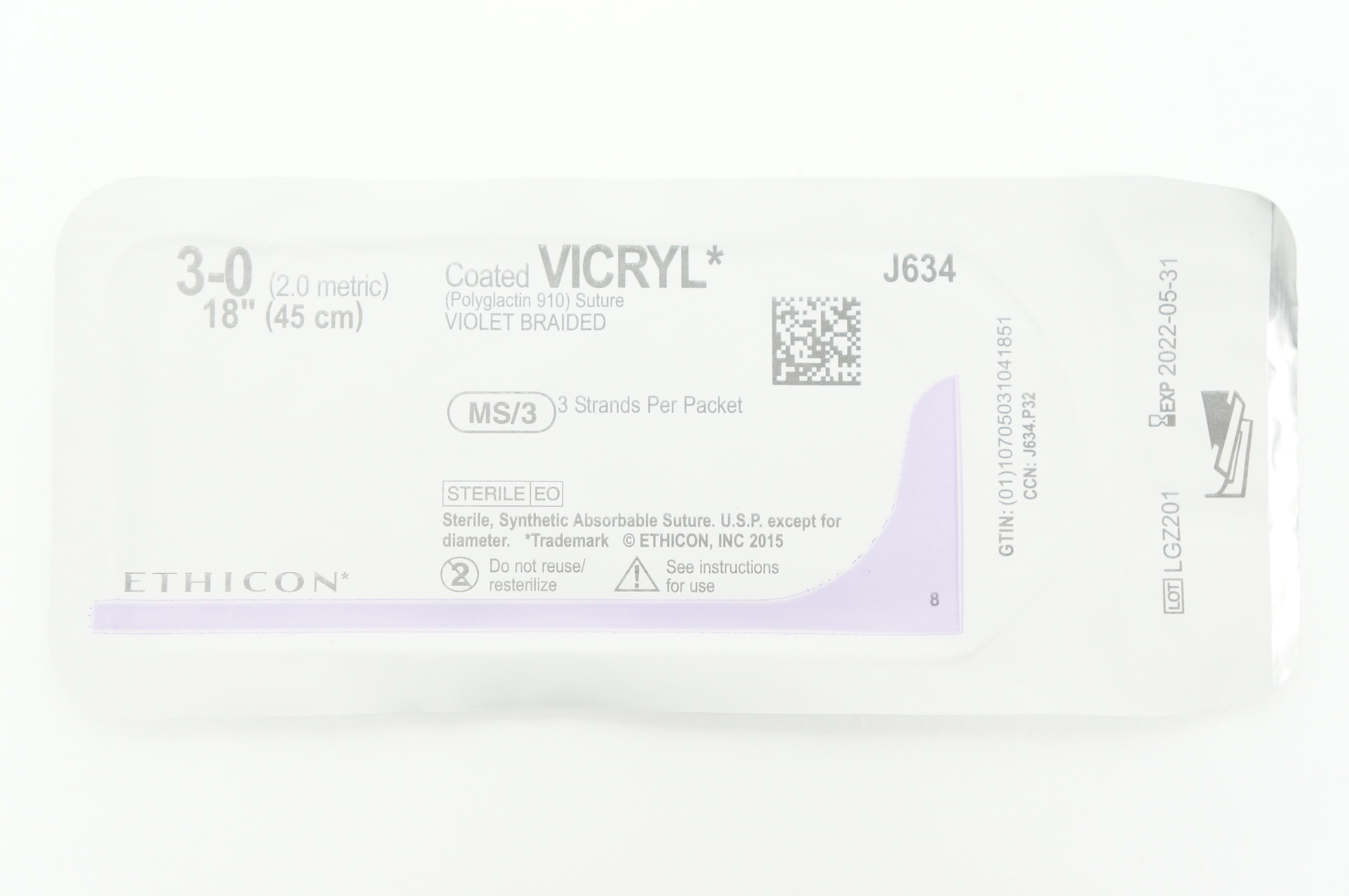 Ethicon J634 3-0 Coated VICRYL Violet Braided MS/3 18 inch (x)