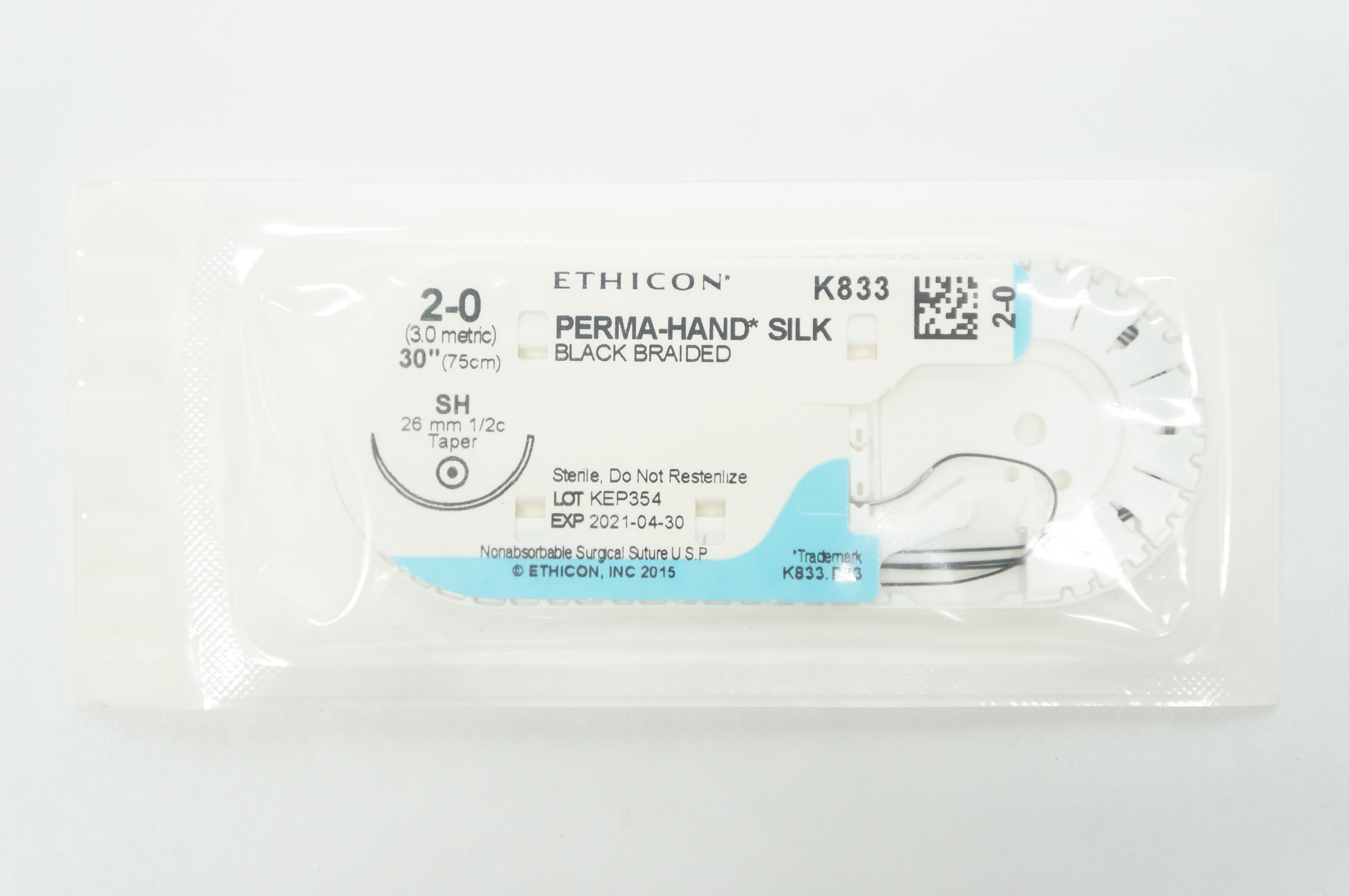 Ethicon K833 2-0 PERMA-HAND SILK Stre  SH 26mm 1/2c Taper, 30inch (x)