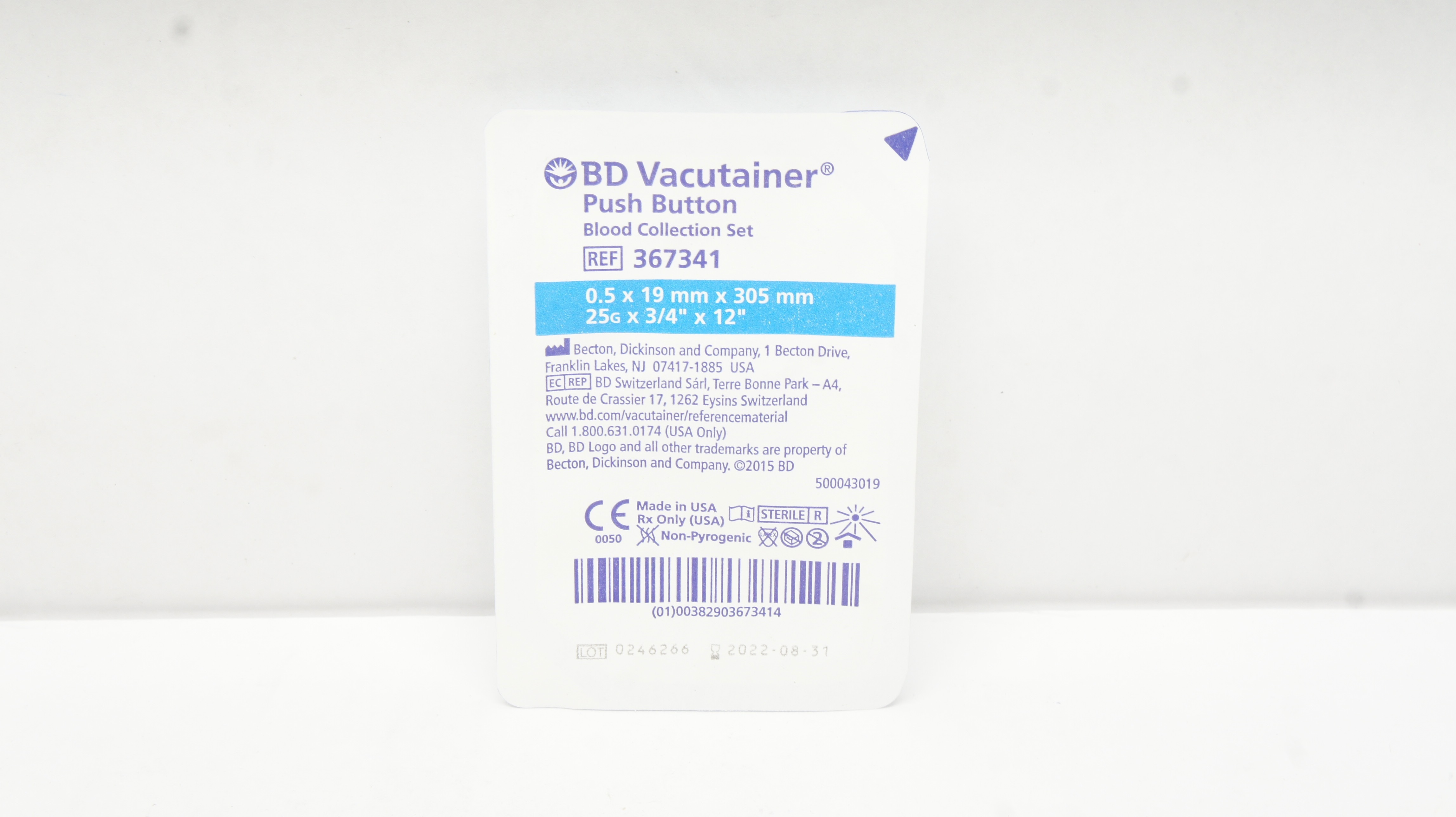 BD 367341 Vacutainer Push Button Blood Collection Set 25G x 3/4inch x 12inch