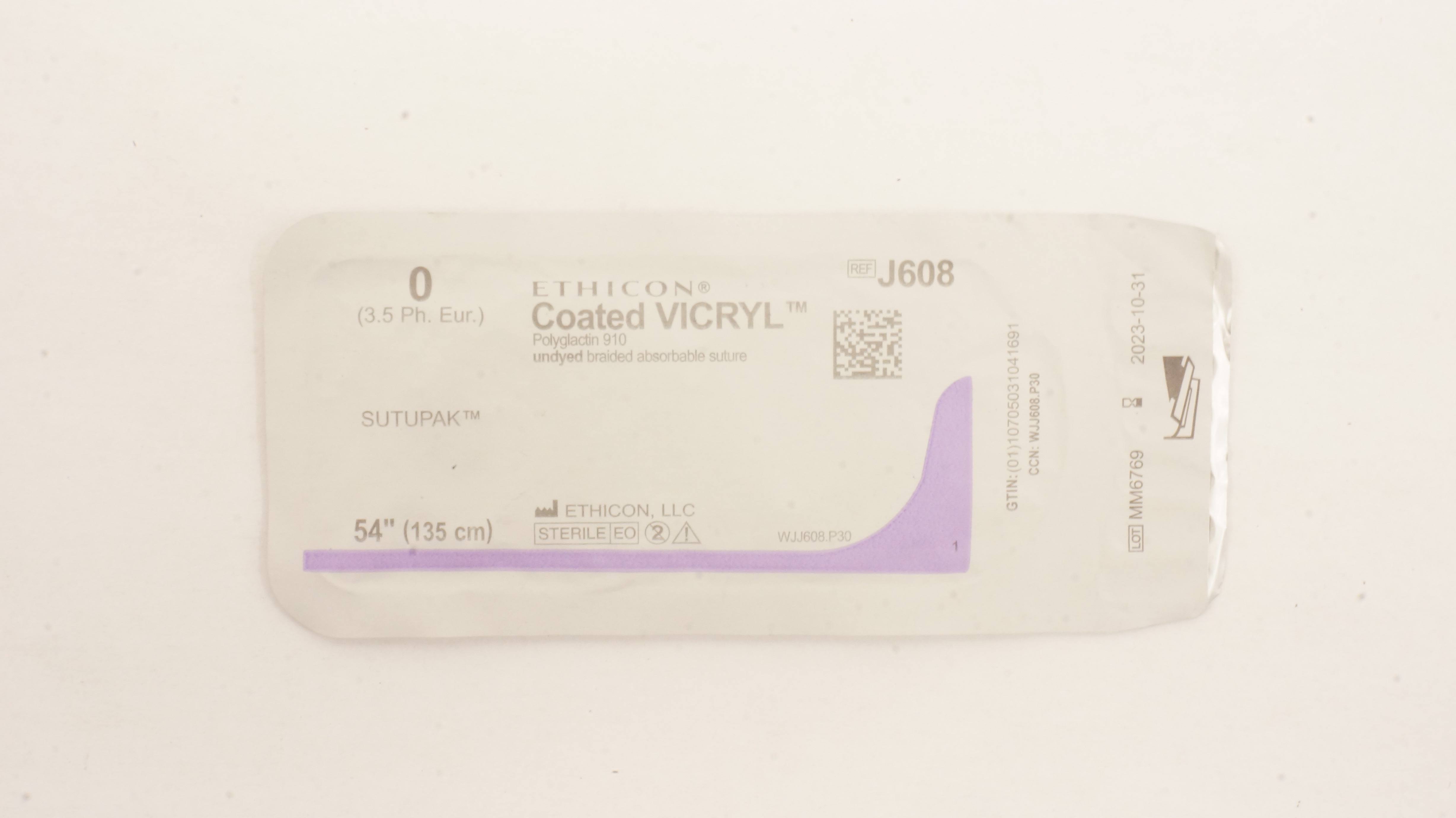 Ethicon J608 0 Sutupak Coated VICRYL (Polyglactin910) Stre Undyed Braided 54inch
