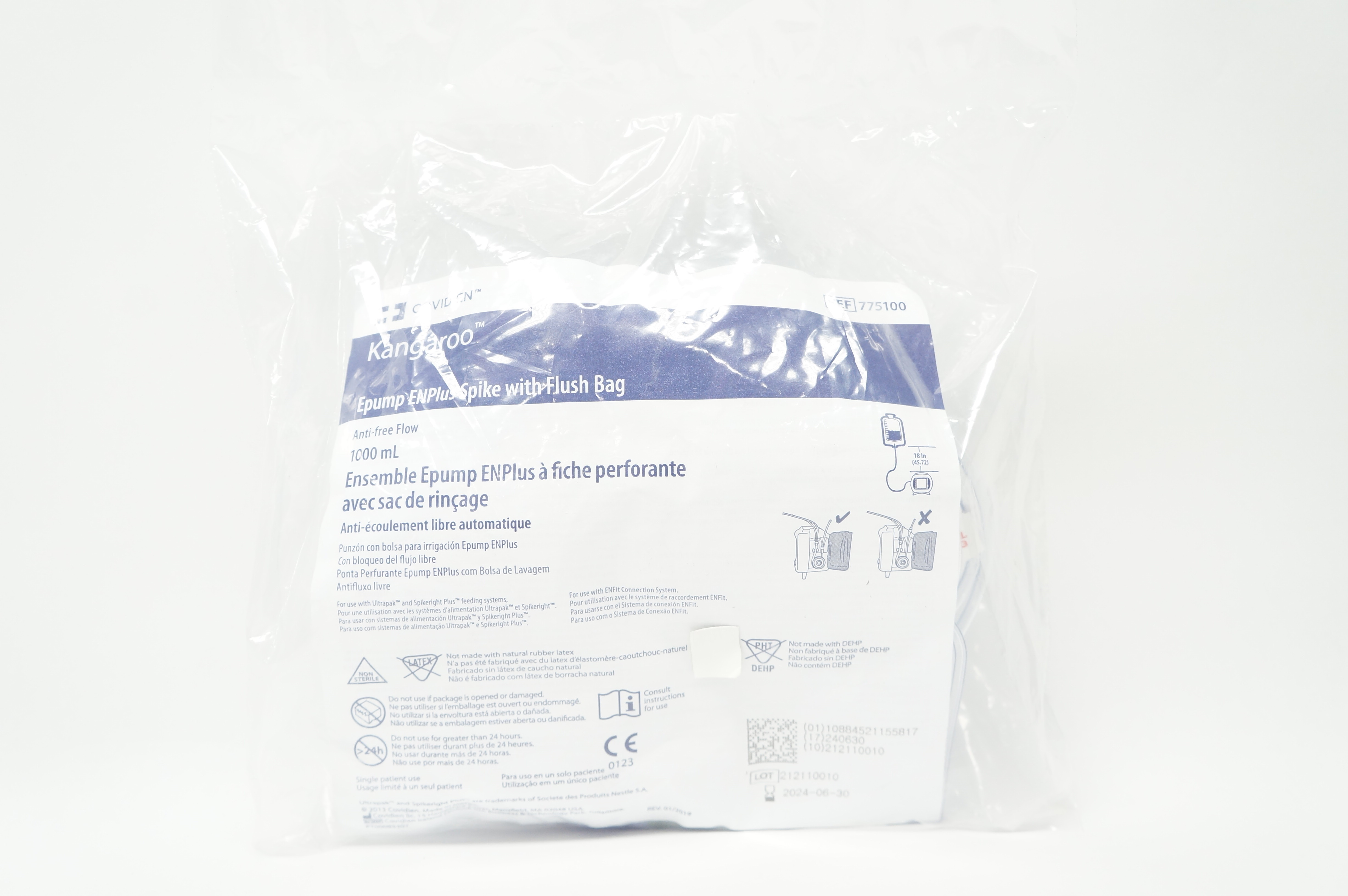 Covidien 775100 Kangaroo Epump ENPlus Spike with Flush Bag Anti-free Flow 1000mL