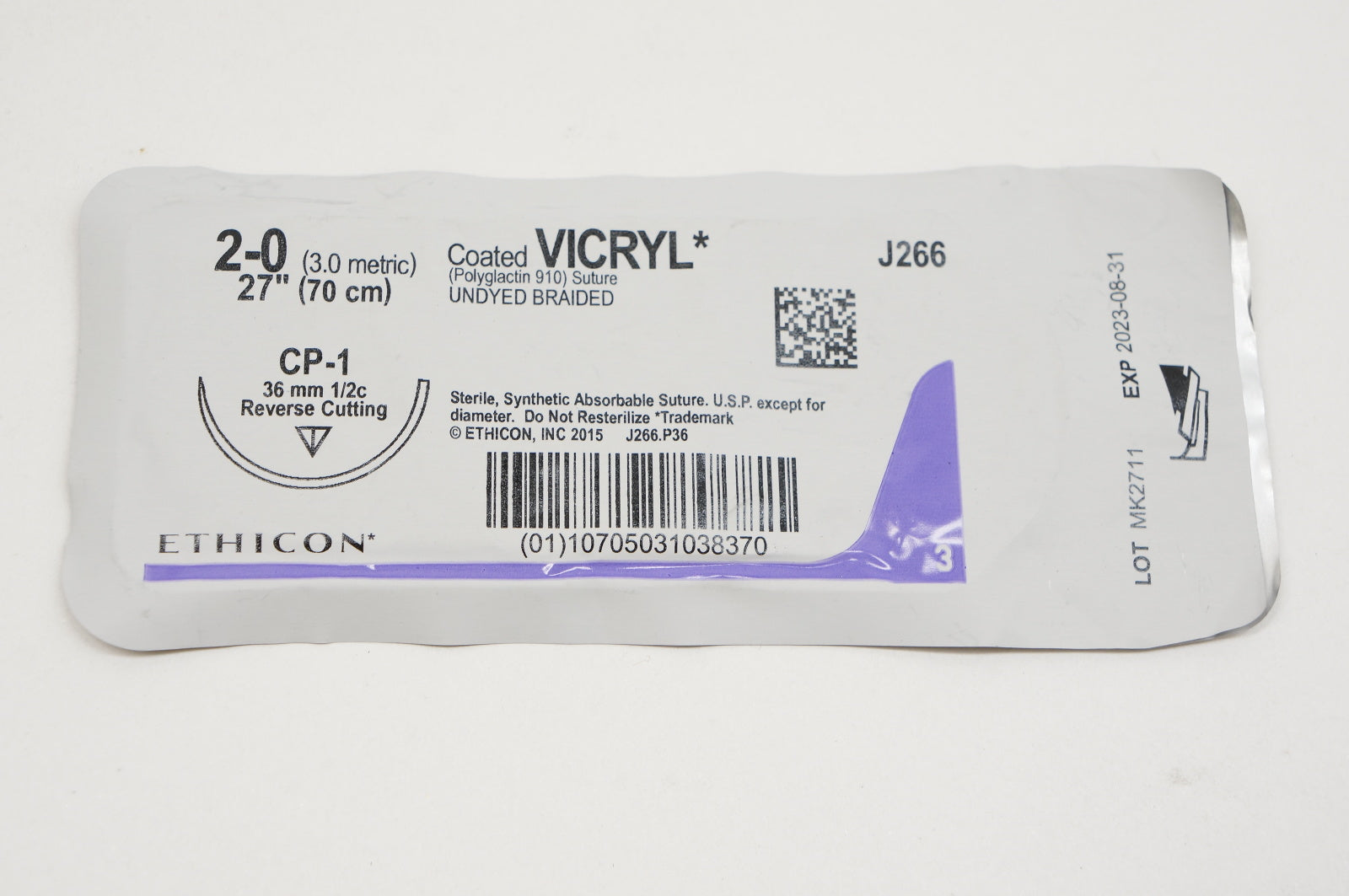Ethicon J266 2-0 Vicryl, CP-1, 36mm 1/2c, 27inch