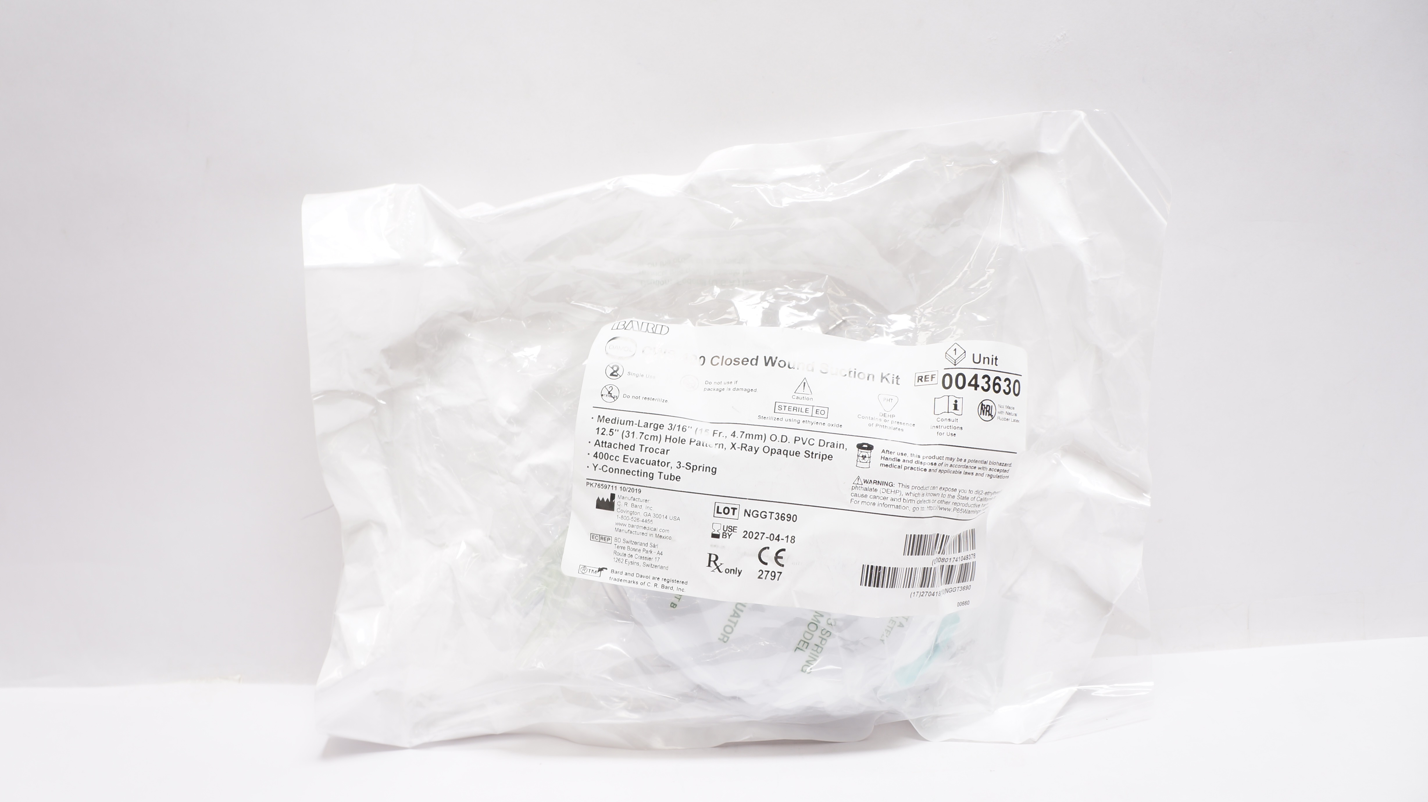 Bard 0043630 Davol CWS 400 Closed Wound Suction Kit 3/16inch x 12.5inch