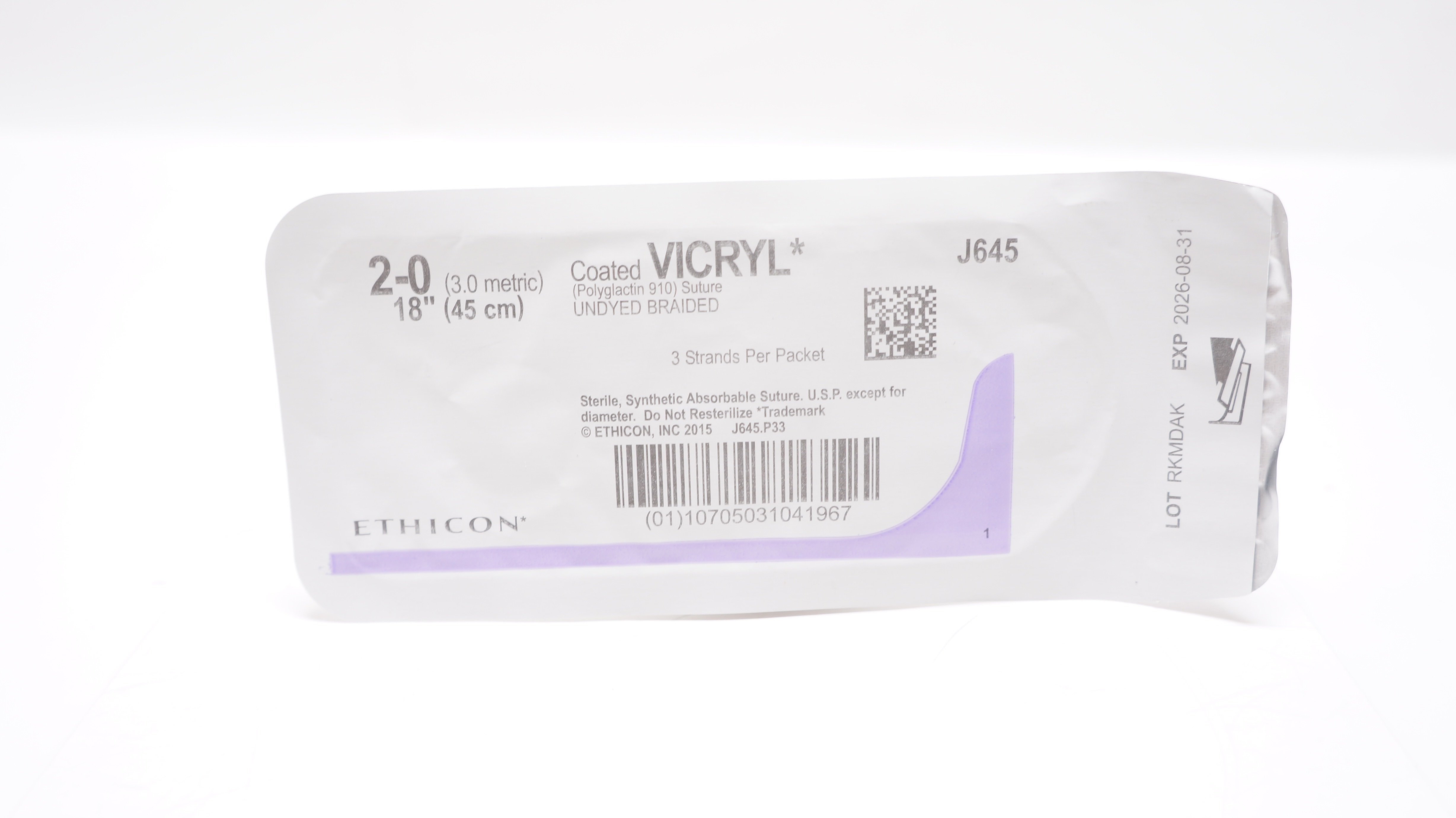 Ethicon J645 2-0 VICRYL, Undyed Braided, 18inch
