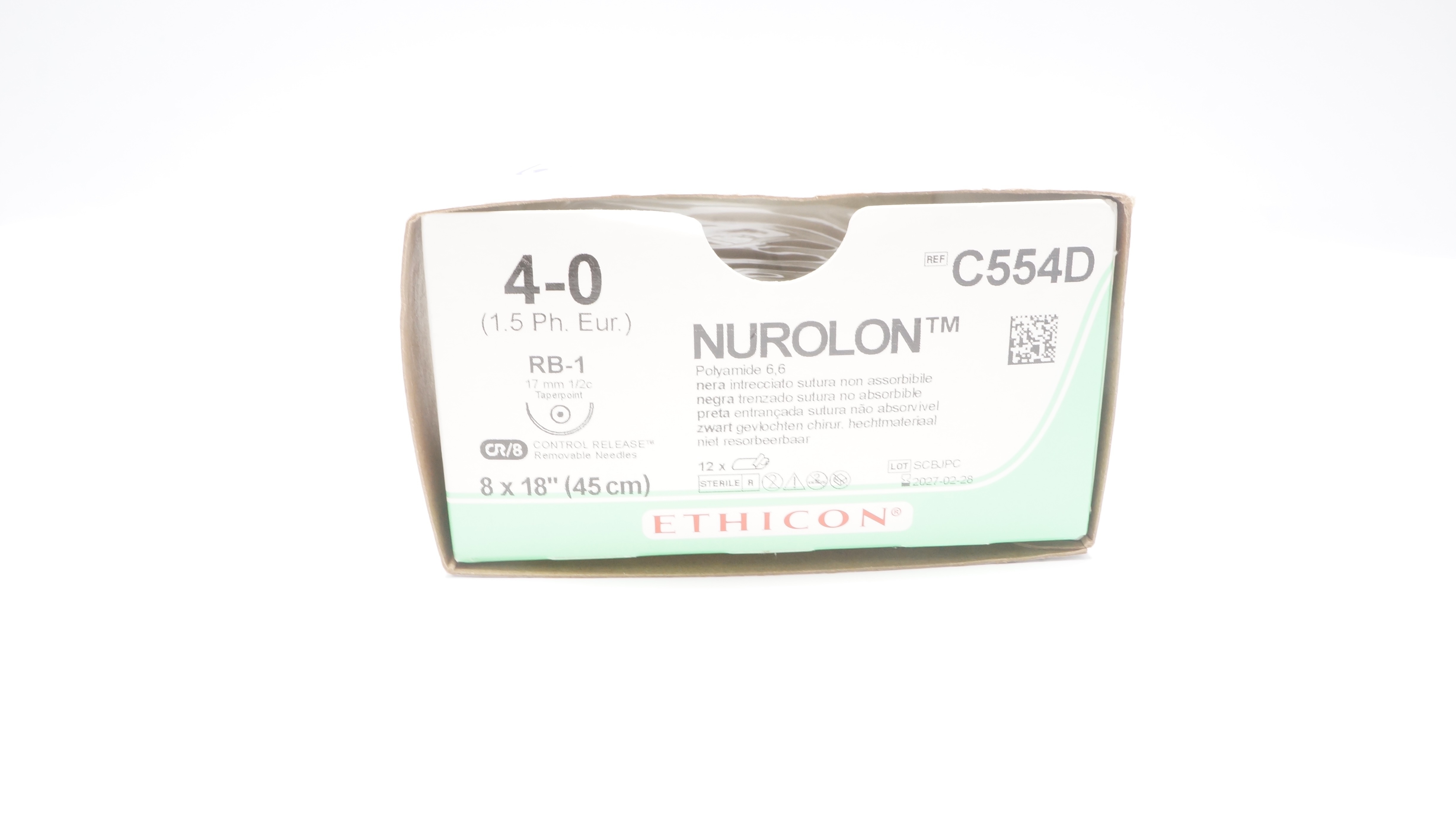 Ethicon C554D 4-0 Nurolon Nylon, RB-1, 17mm 1/2c Taper, 18inch -Box of 6