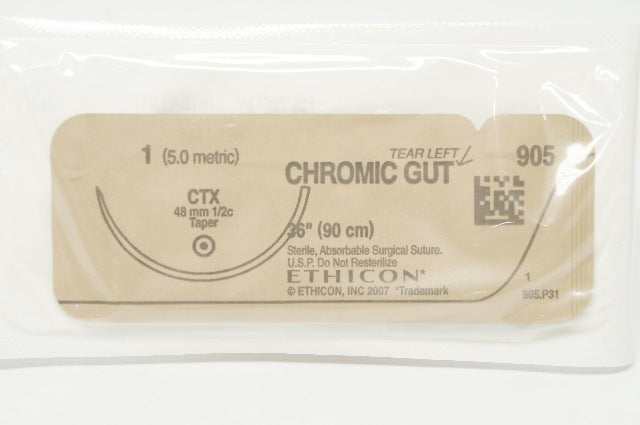 Ethicon 905 1 Tear Left Chromic Gut Absorbable Stre CTX 48mm 1/2c Taper 36inch