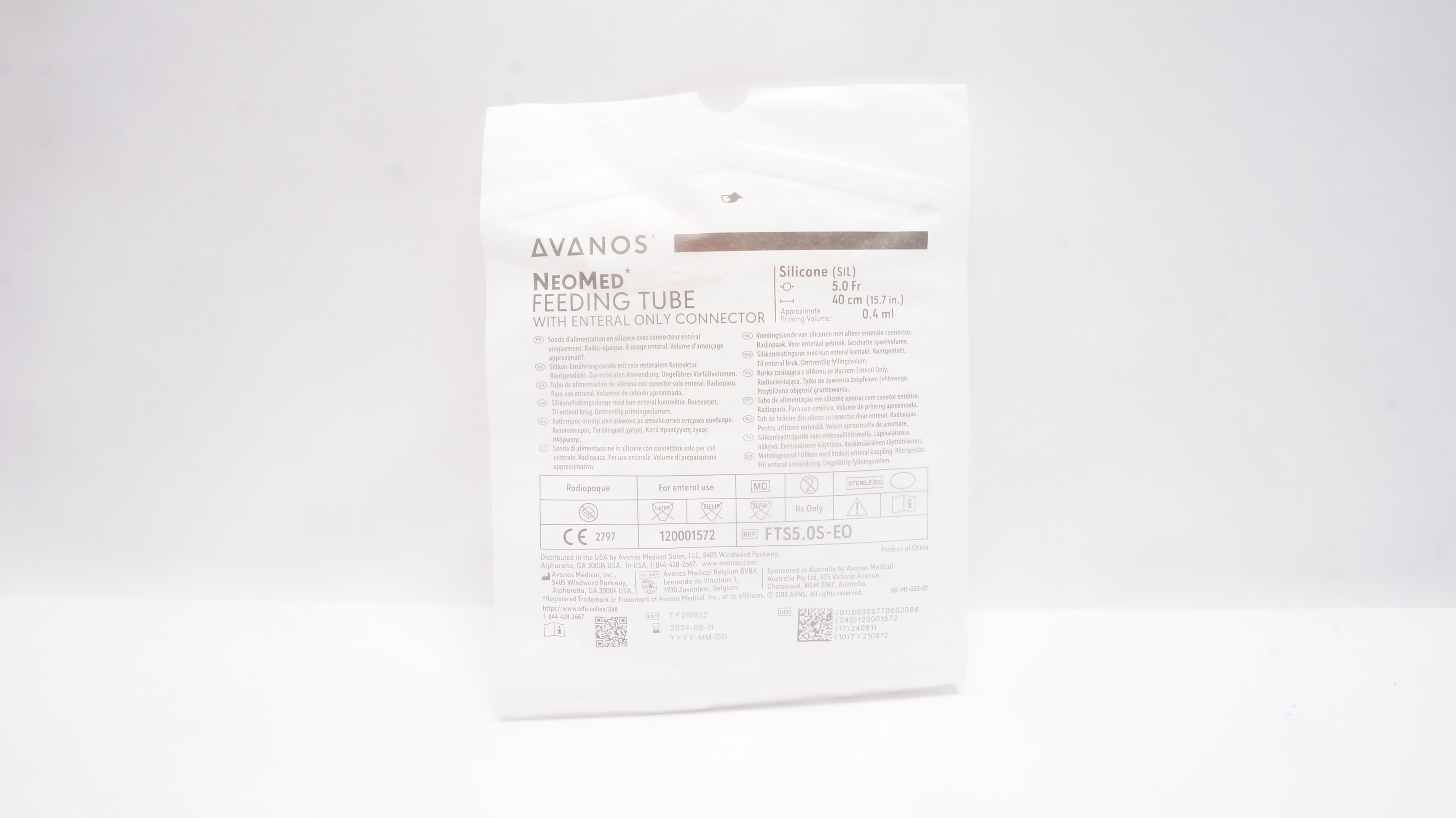 NeoMed FTS5.0S-EO Radiopaque, Silicone Enteral Feeding Tube 5.0Fr x40cm, 0.4mL
